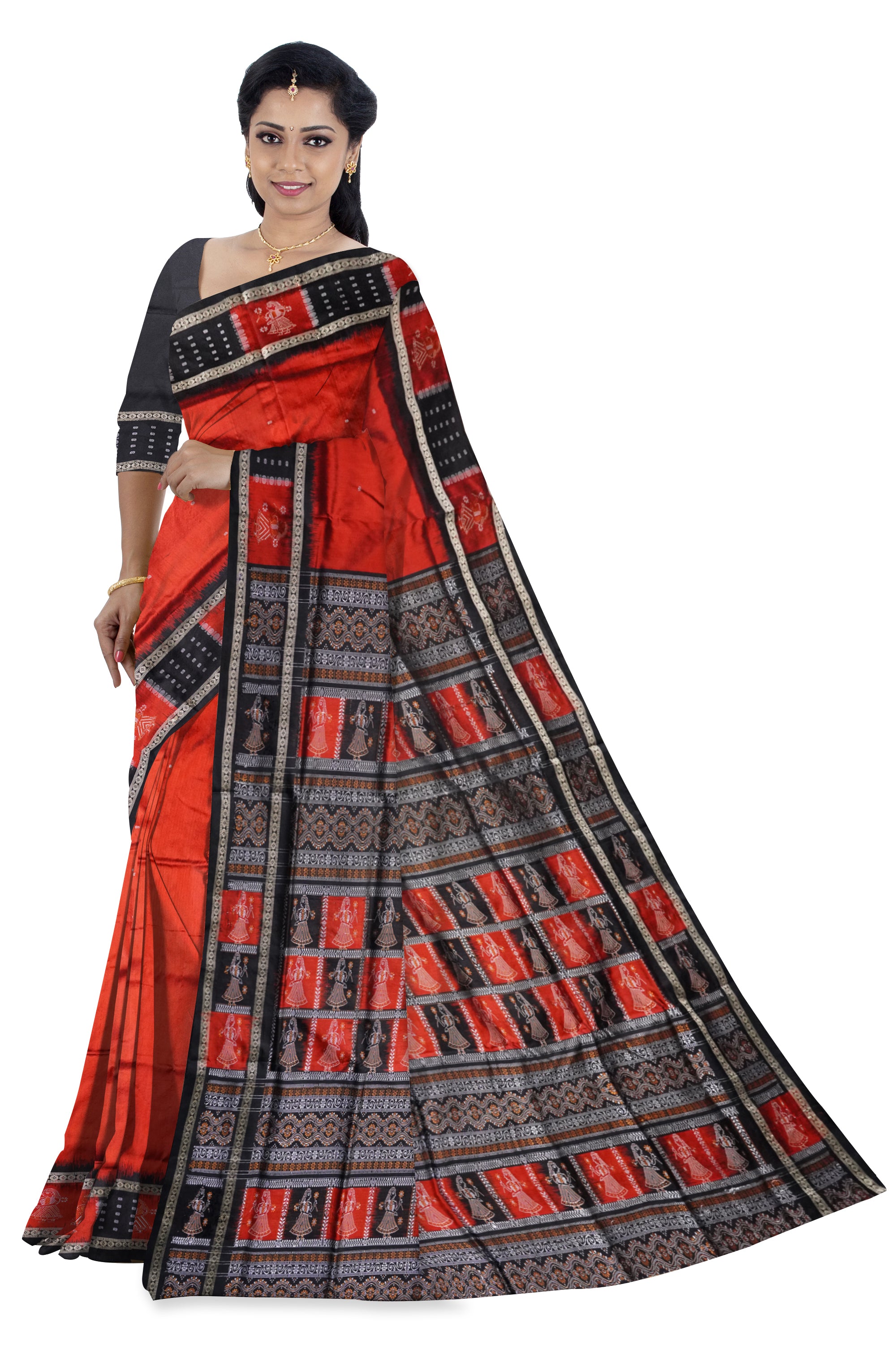 Plain doll pattern pata saree in Red and Black. - Koshali Arts & Crafts Enterprise