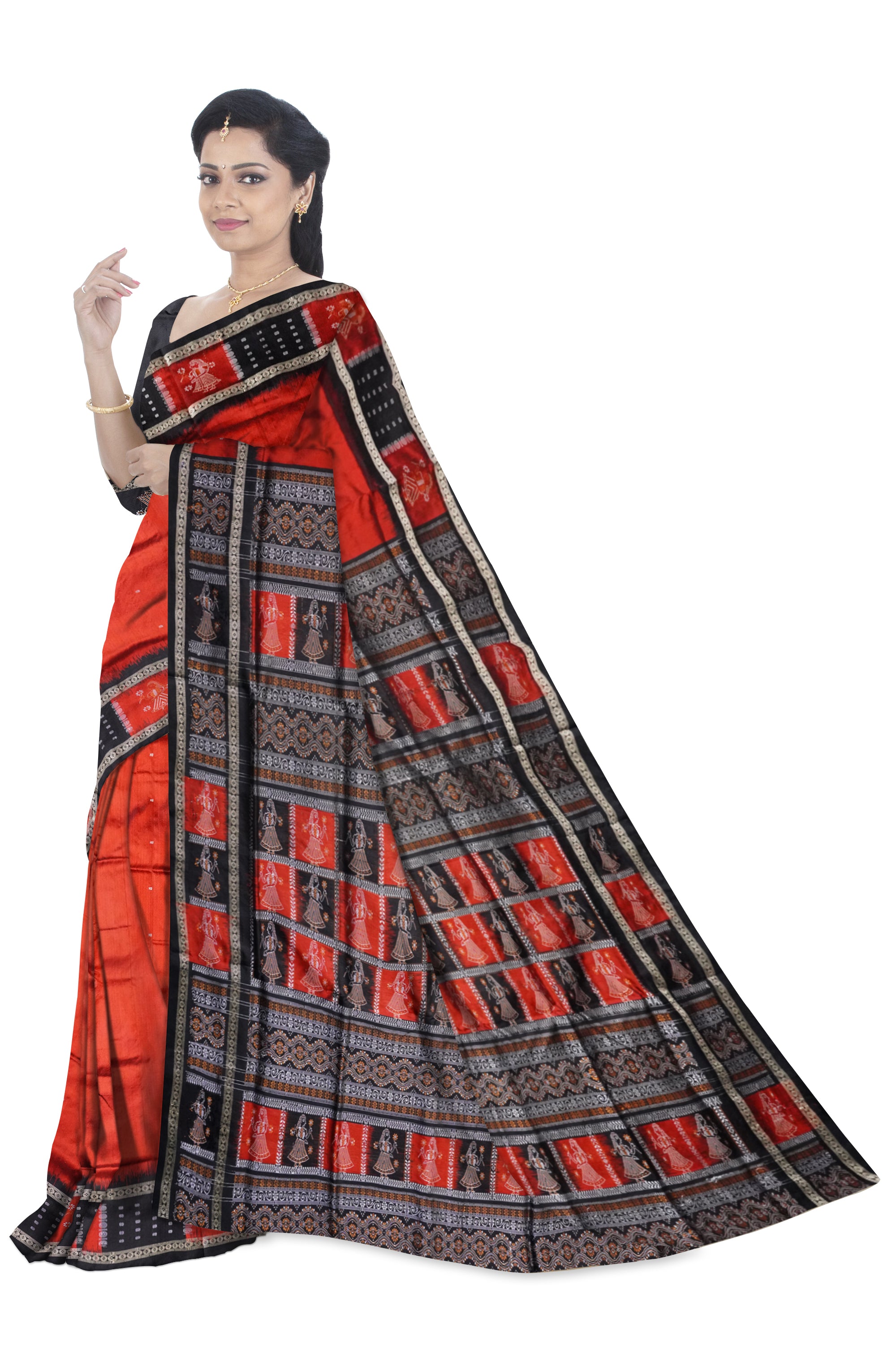 Plain doll pattern pata saree in Red and Black. - Koshali Arts & Crafts Enterprise