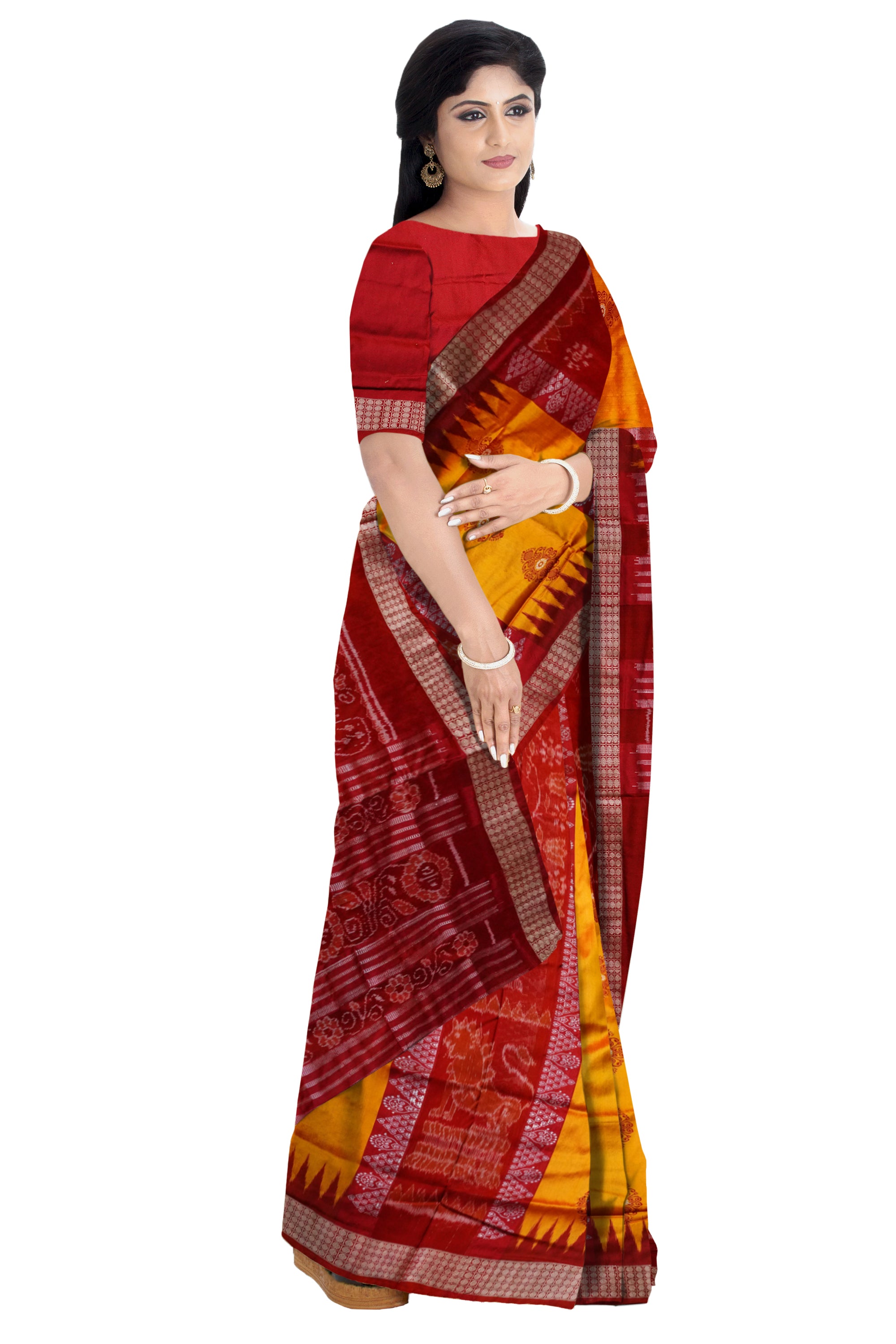 Bandha pere pere sambalpuri pata saree in Yellow and red colour. - Koshali Arts & Crafts Enterprise