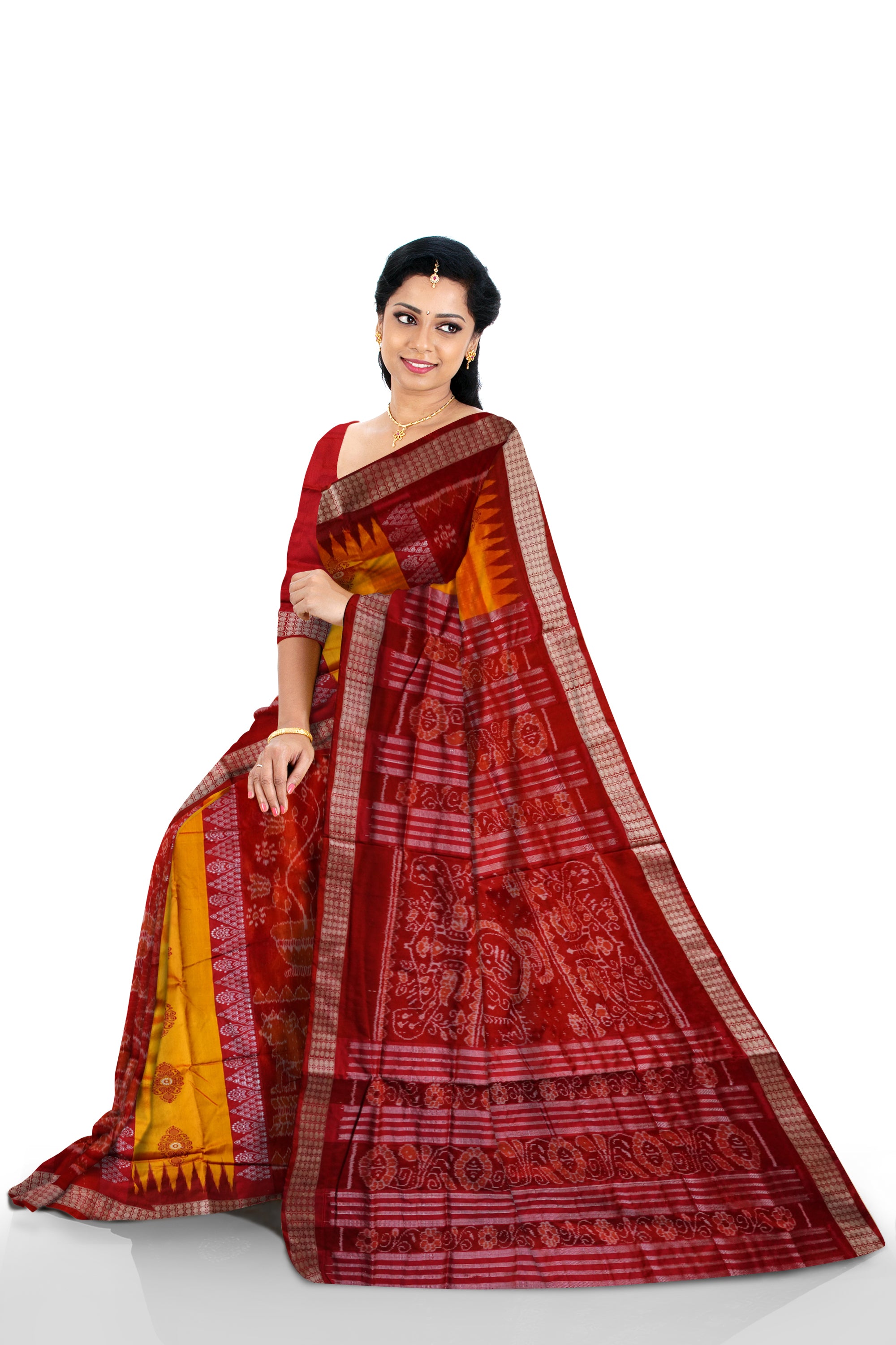 Bandha pere pere sambalpuri pata saree in Yellow and red colour. - Koshali Arts & Crafts Enterprise