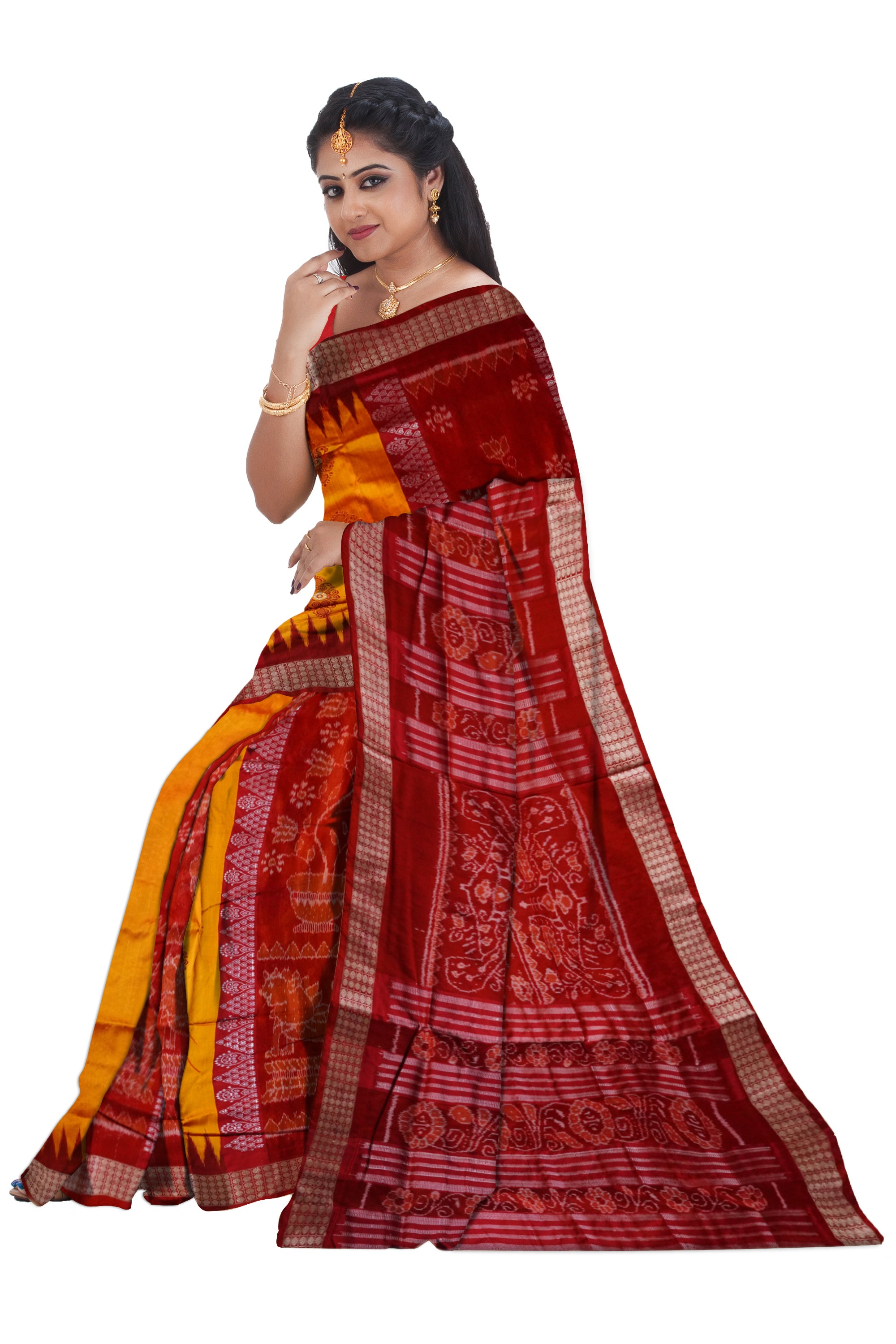 Bandha pere pere sambalpuri pata saree in Yellow and red colour. - Koshali Arts & Crafts Enterprise