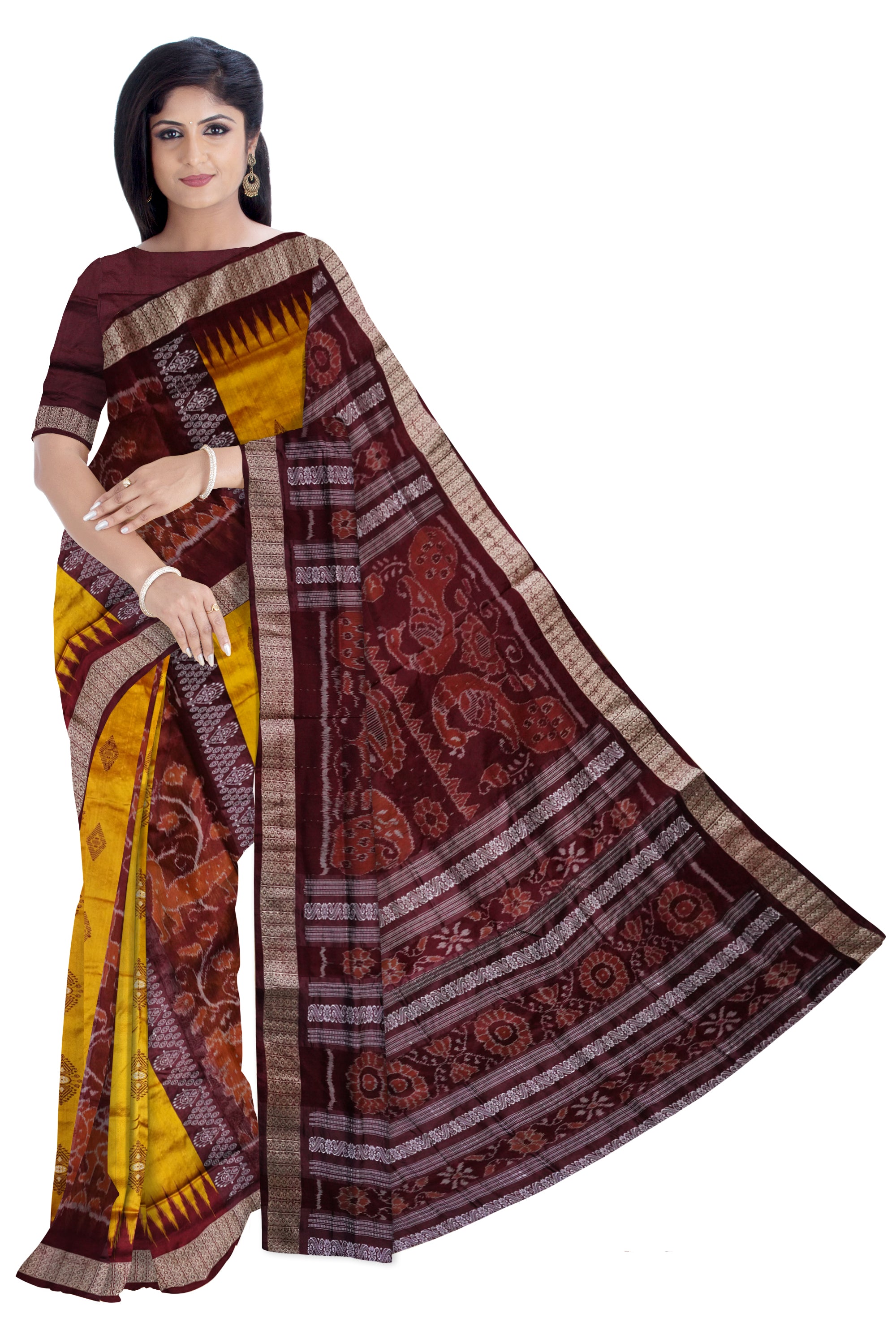 Bandha pere pere sambalpuri pata saree in Yellow and coffee colour. - Koshali Arts & Crafts Enterprise
