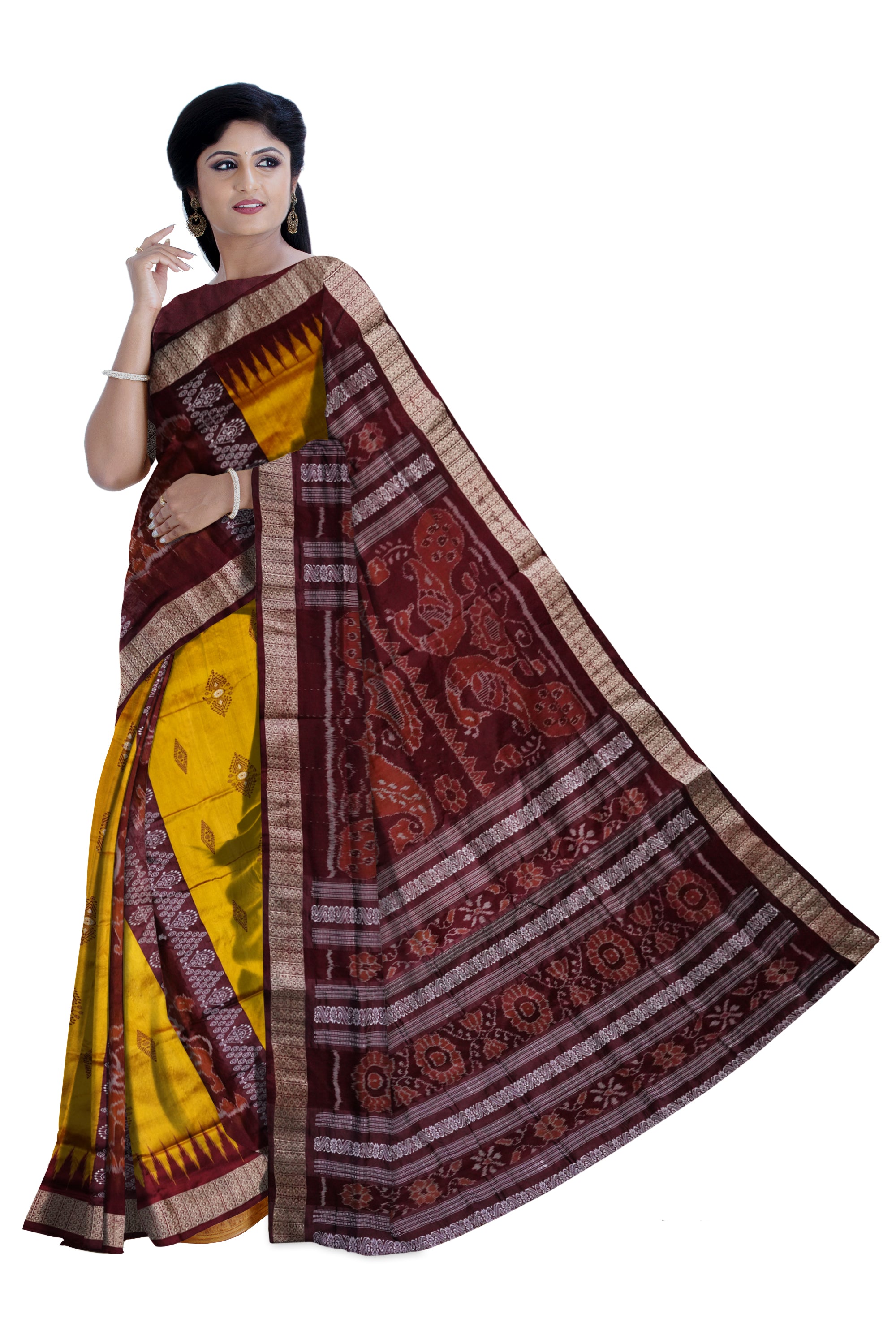 Bandha pere pere sambalpuri pata saree in Yellow and coffee colour. - Koshali Arts & Crafts Enterprise