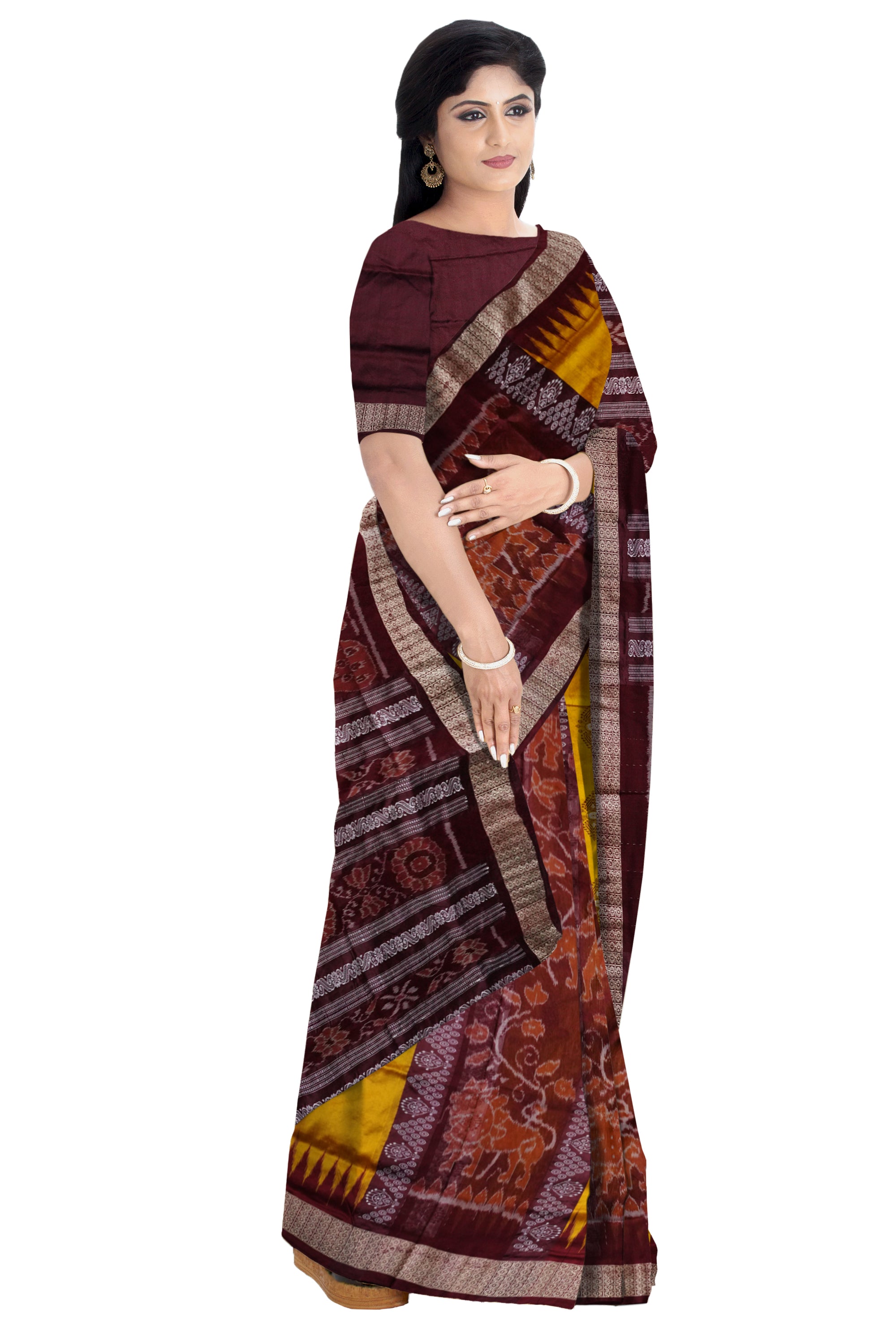 Bandha pere pere sambalpuri pata saree in Yellow and coffee colour. - Koshali Arts & Crafts Enterprise