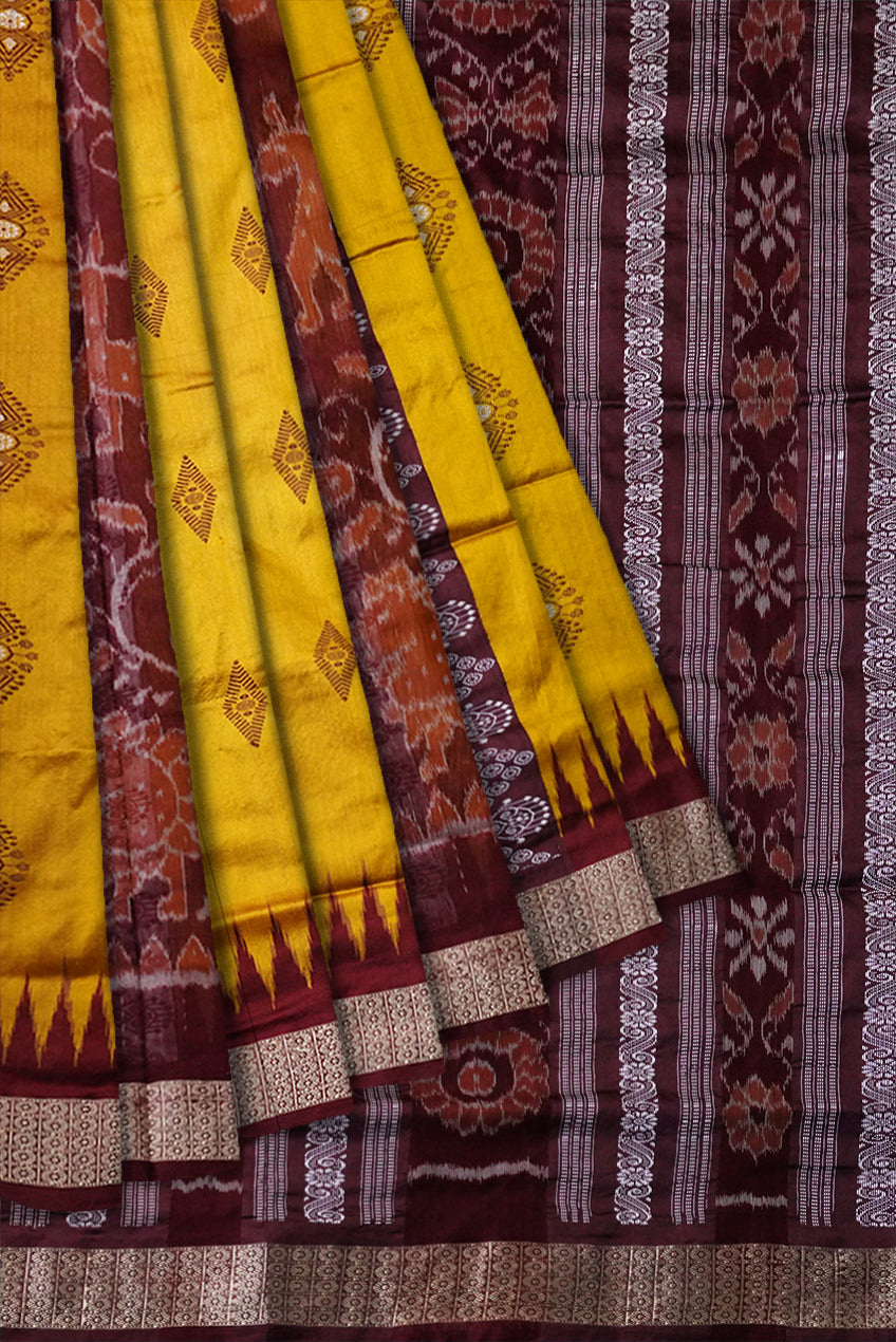 Bandha pere pere sambalpuri pata saree in Yellow and coffee colour. - Koshali Arts & Crafts Enterprise