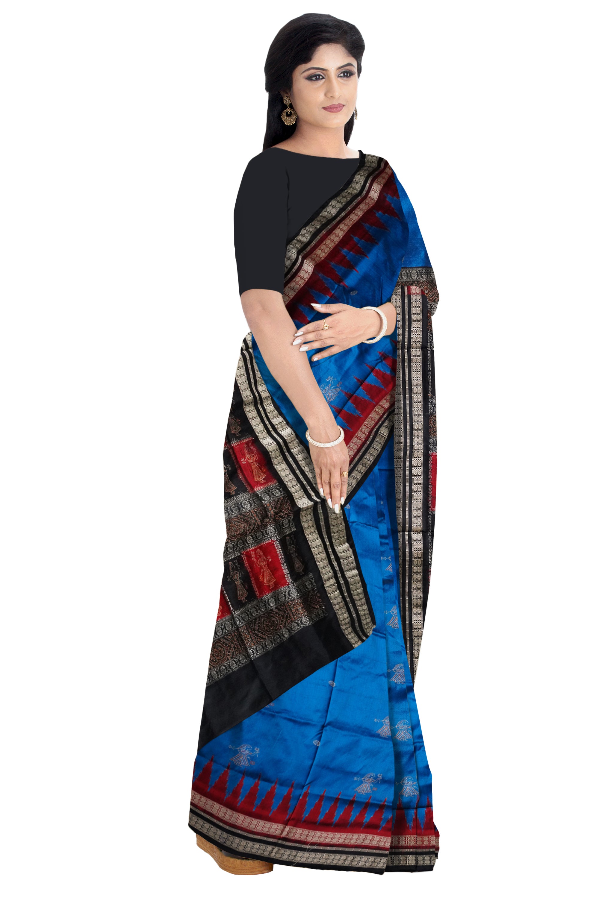 Sky blue, maroon & Black color full body with pallu doll pattern pata saree. - Koshali Arts & Crafts Enterprise