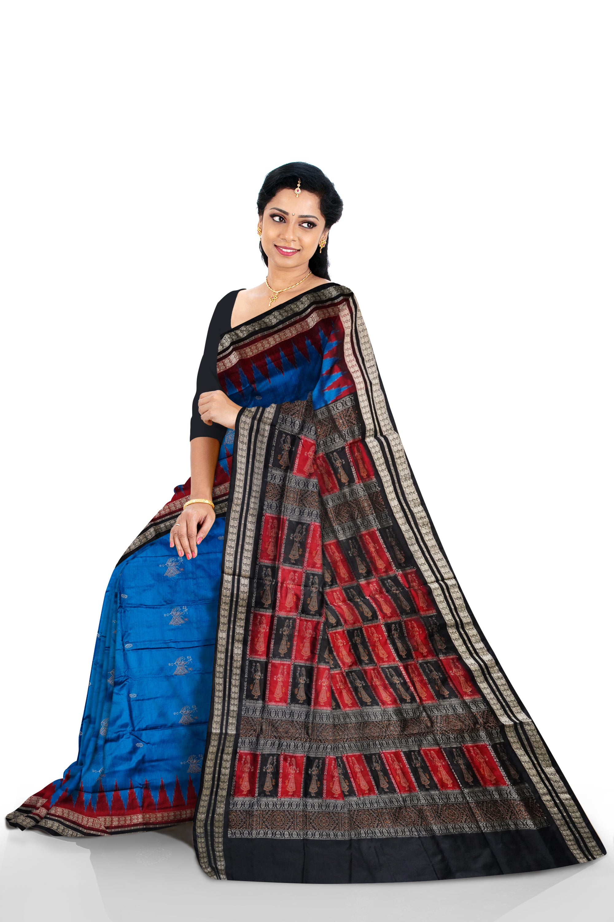 Sky blue, maroon & Black color full body with pallu doll pattern pata saree. - Koshali Arts & Crafts Enterprise