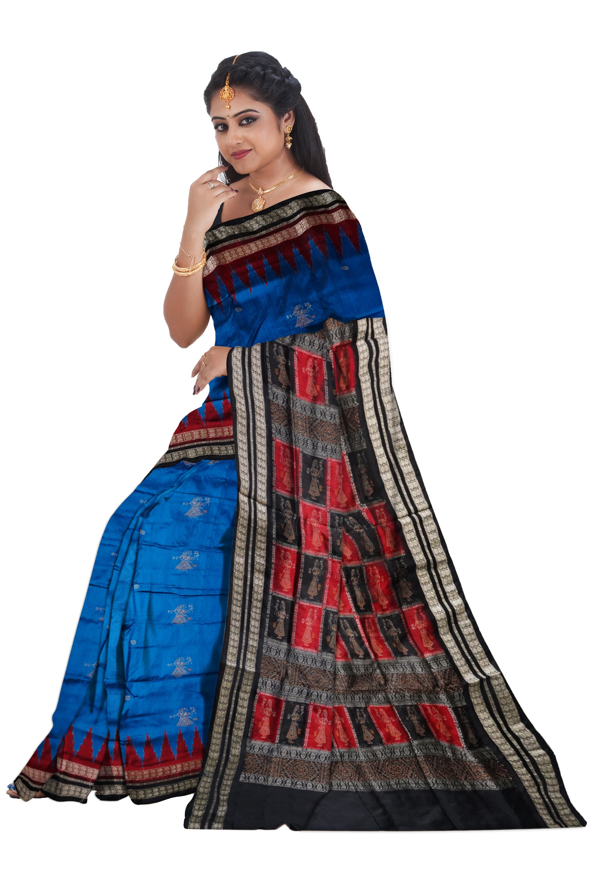 Sky blue, maroon & Black color full body with pallu doll pattern pata saree. - Koshali Arts & Crafts Enterprise