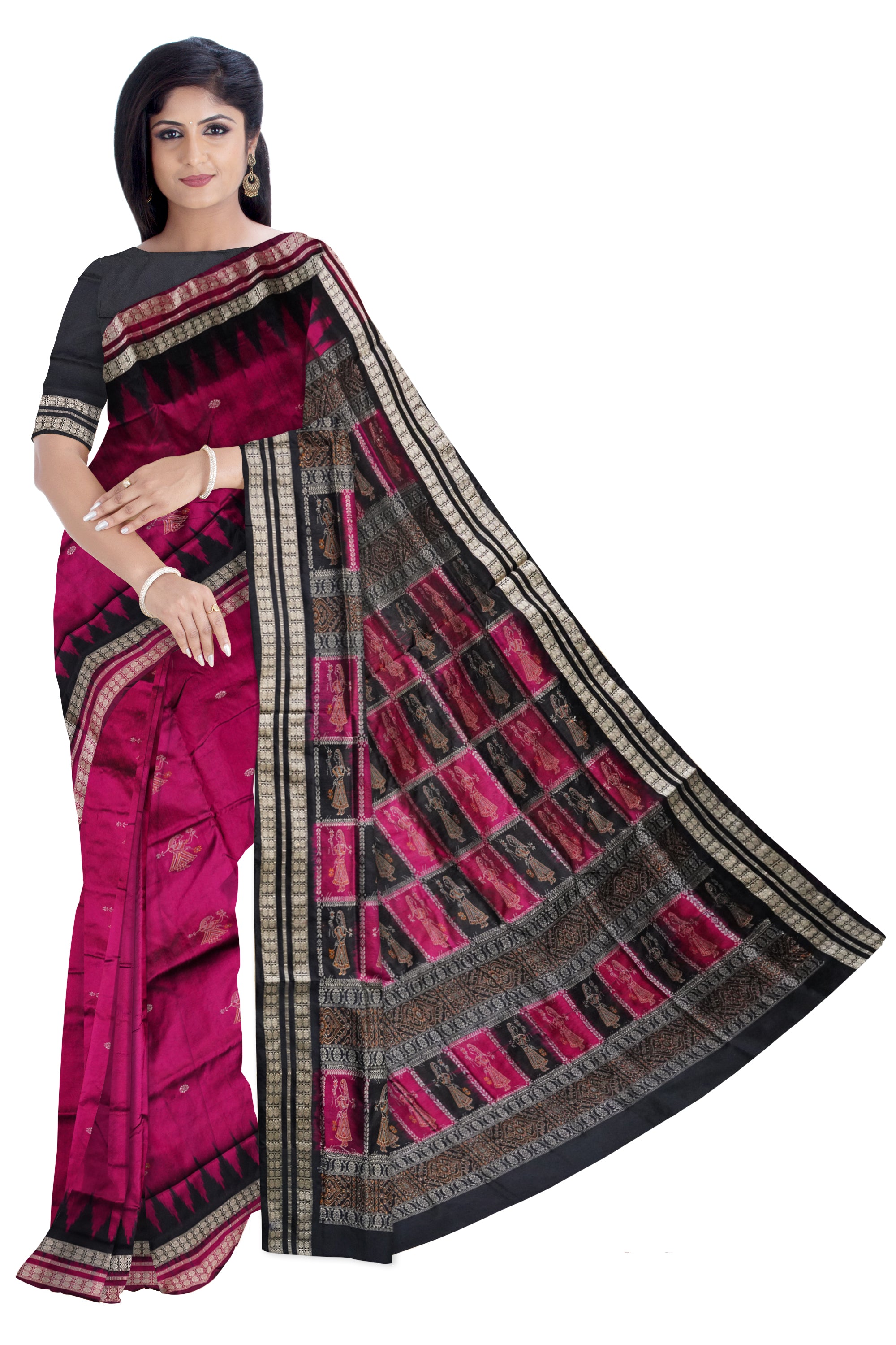 Deep pink & Black color full body with pallu doll pattern pata saree. - Koshali Arts & Crafts Enterprise