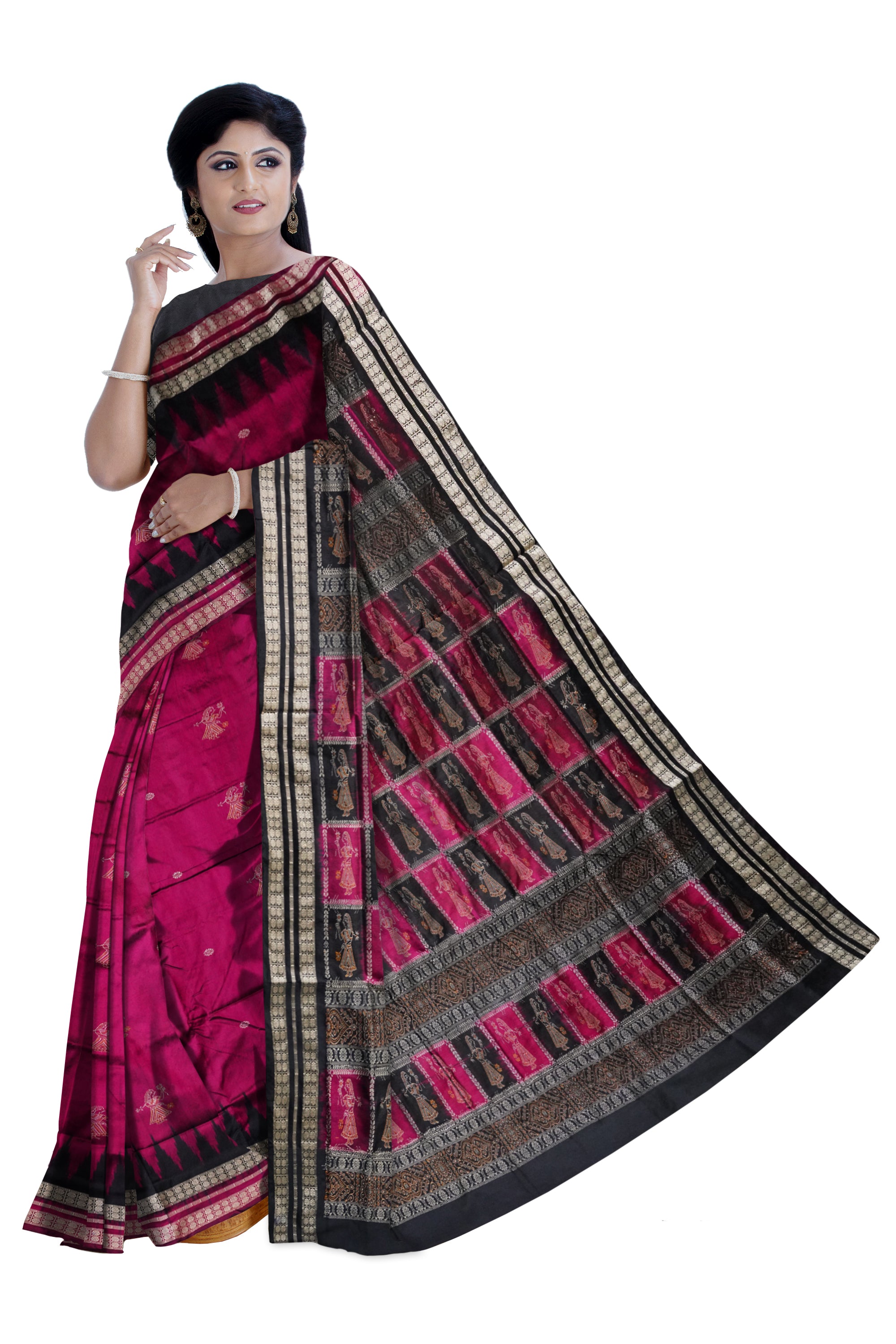 Deep pink & Black color full body with pallu doll pattern pata saree. - Koshali Arts & Crafts Enterprise