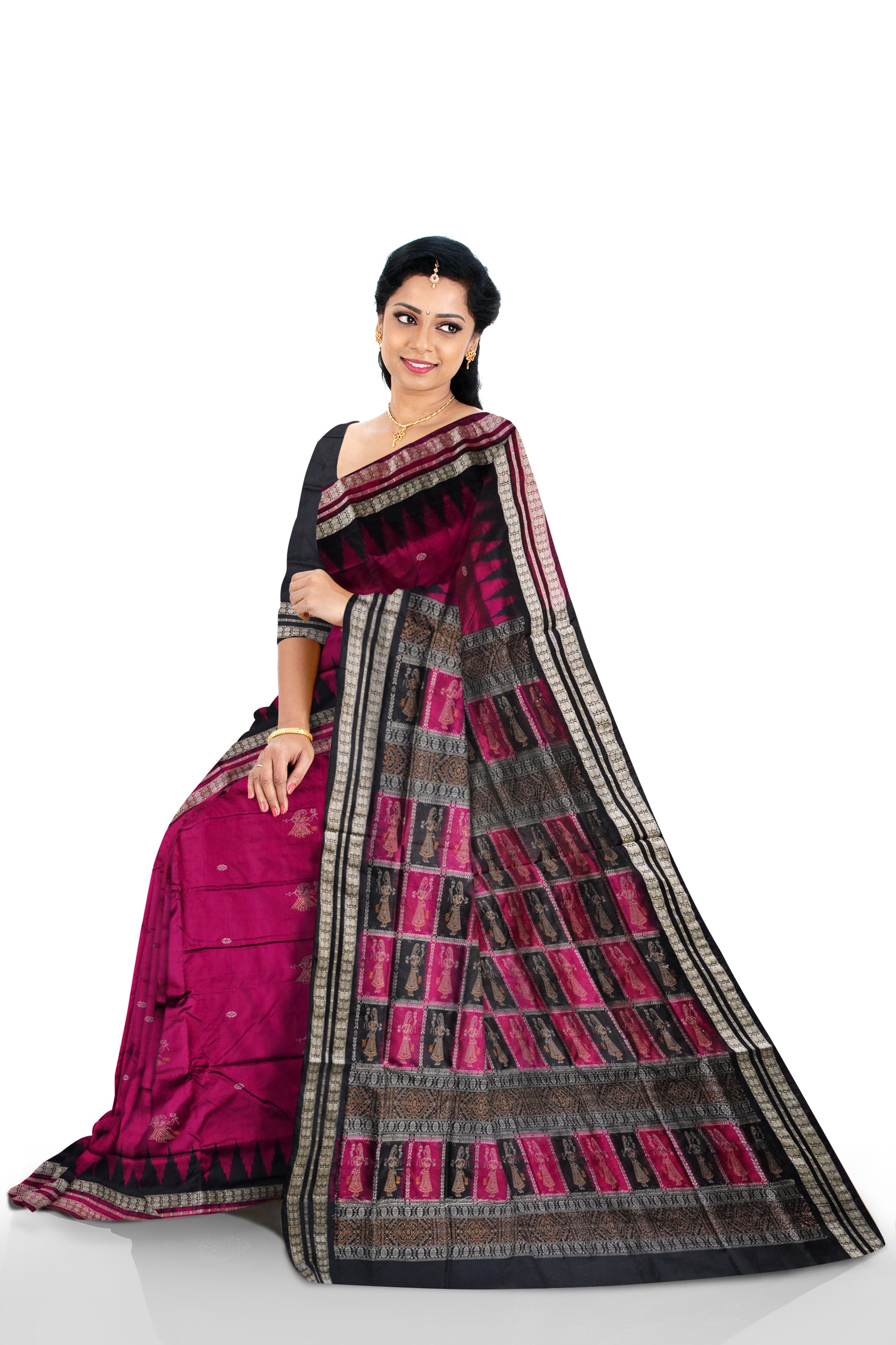 Deep pink & Black color full body with pallu doll pattern pata saree. - Koshali Arts & Crafts Enterprise