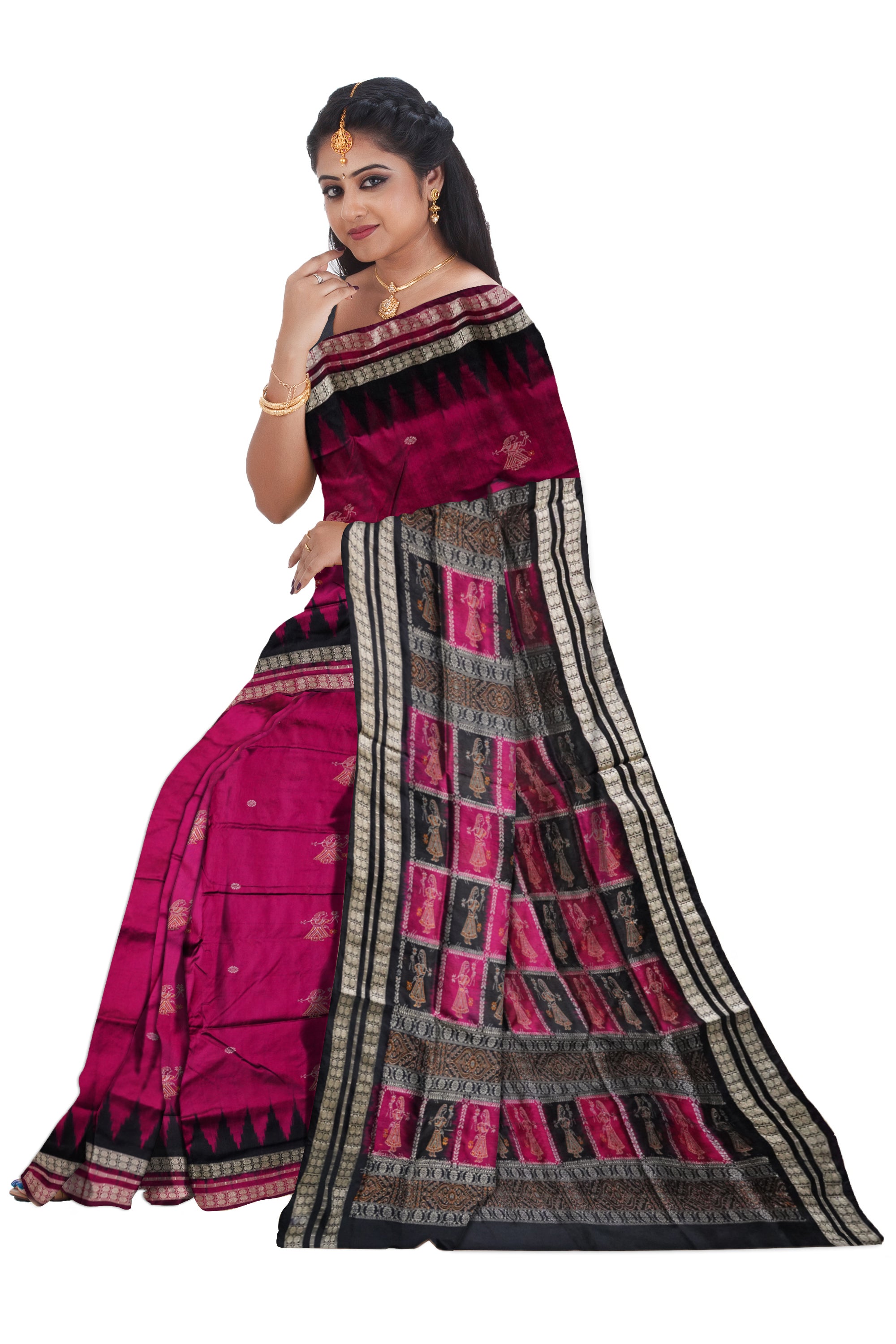 Deep pink & Black color full body with pallu doll pattern pata saree. - Koshali Arts & Crafts Enterprise