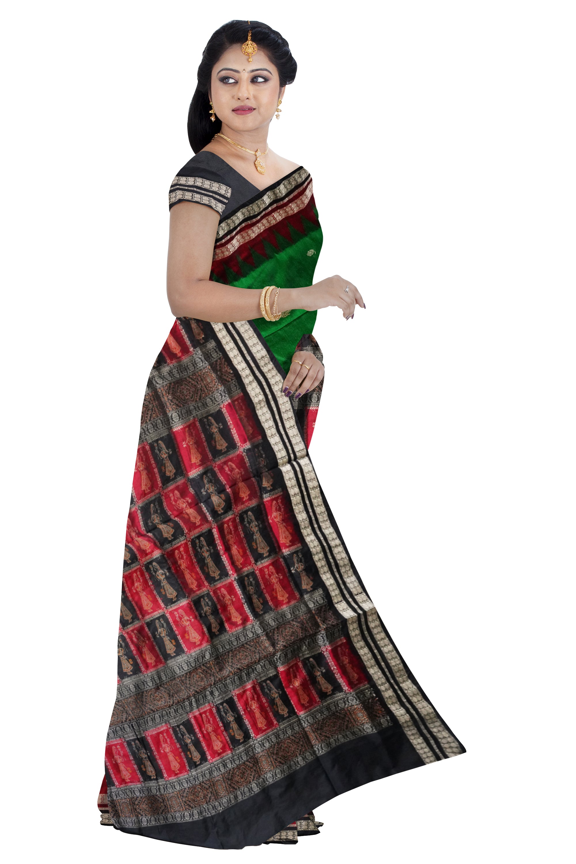 Full body with pallu doll pattern pata saree is green and black color. - Koshali Arts & Crafts Enterprise