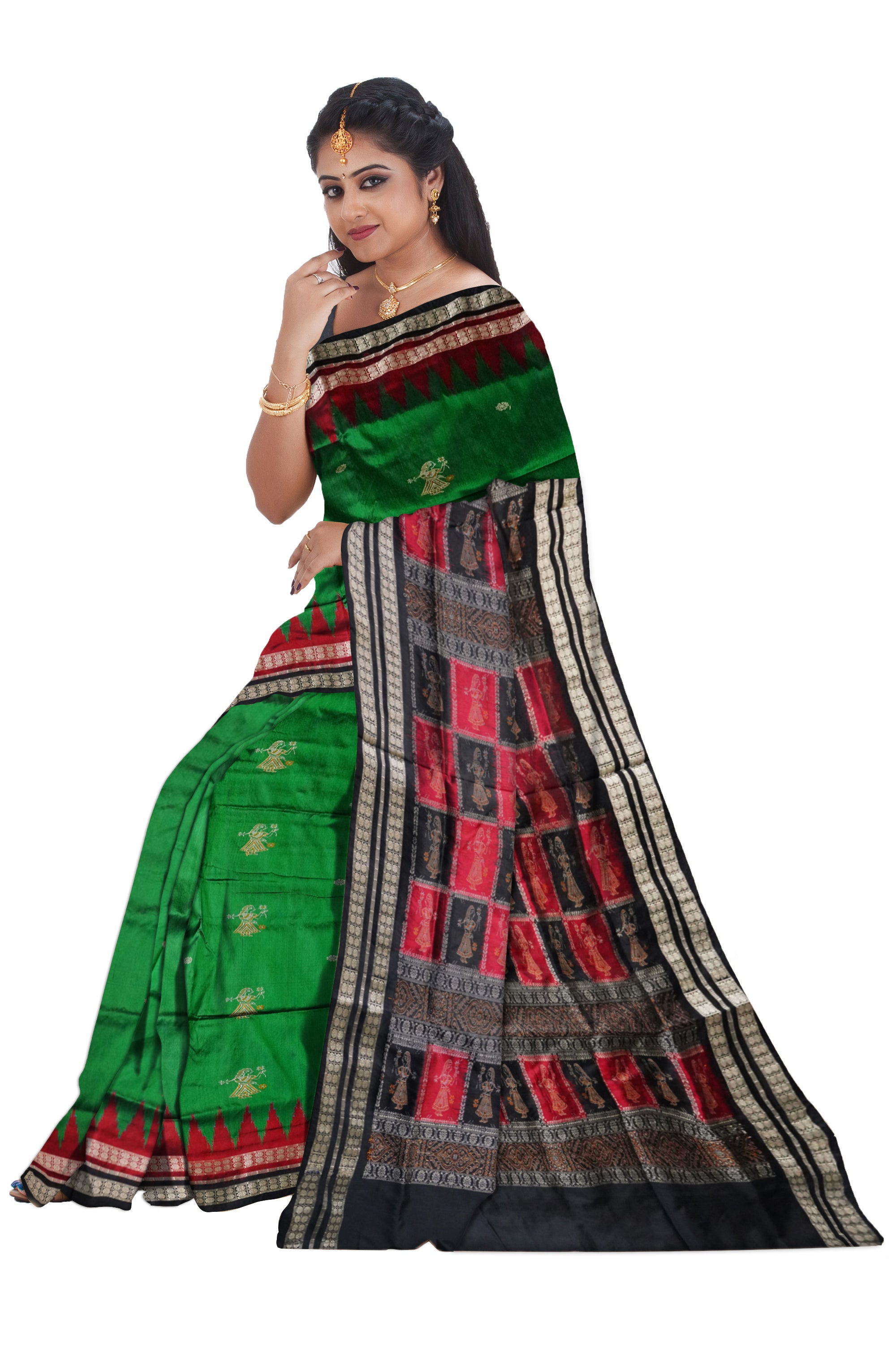 Full body with pallu doll pattern pata saree is green and black color. - Koshali Arts & Crafts Enterprise