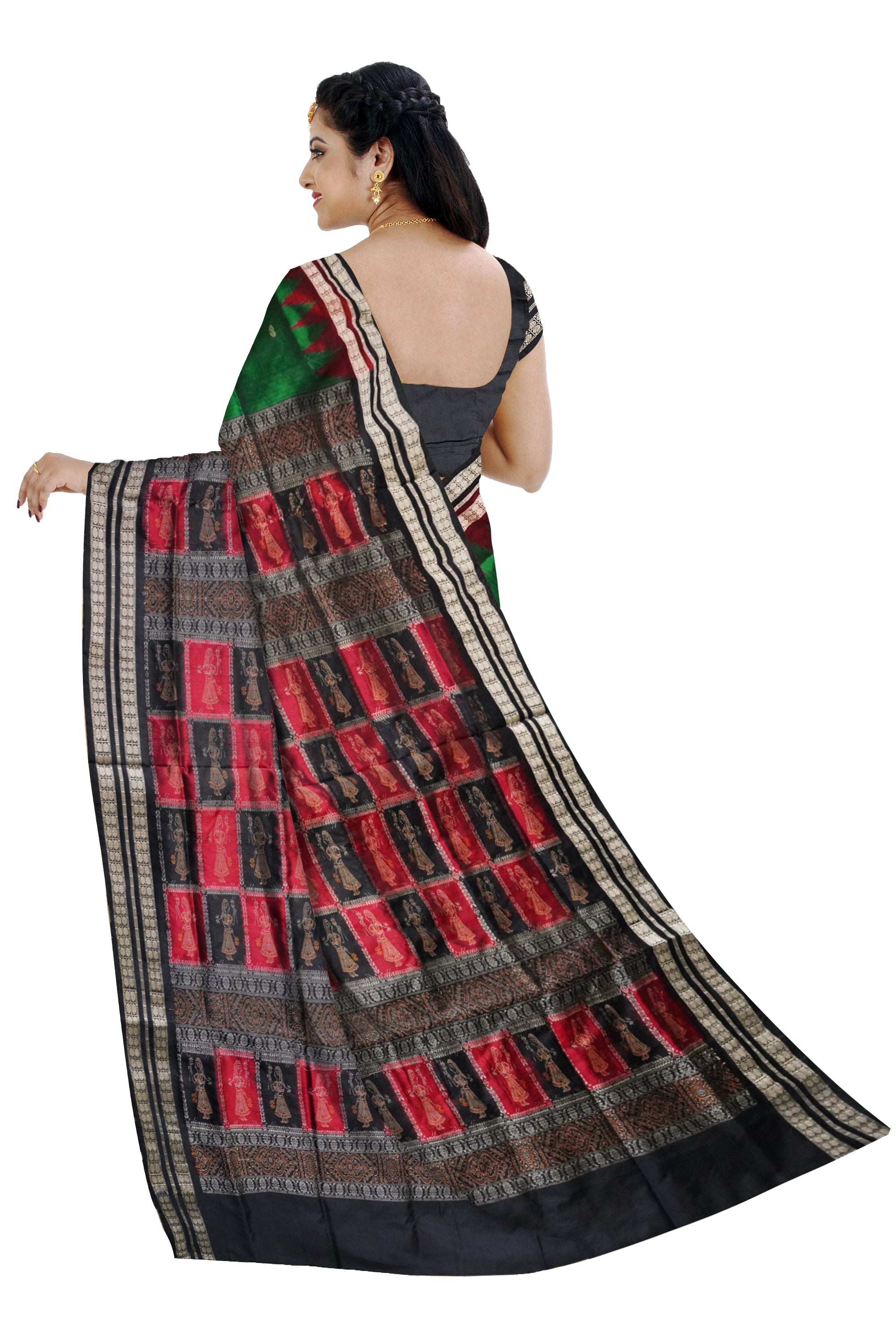 Full body with pallu doll pattern pata saree is green and black color. - Koshali Arts & Crafts Enterprise