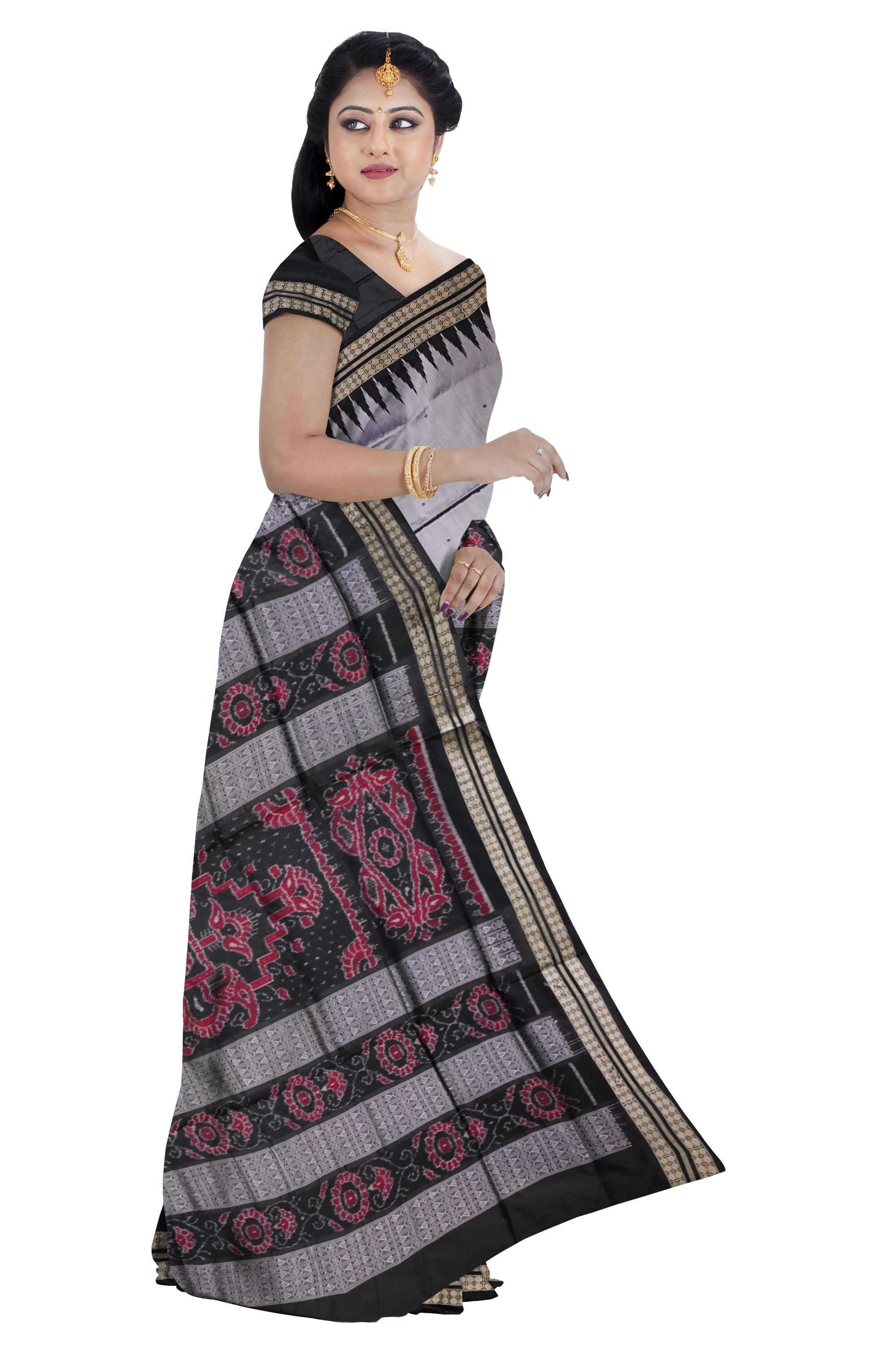 Small booty pattern plain pata saree in silver and black color. - Koshali Arts & Crafts Enterprise