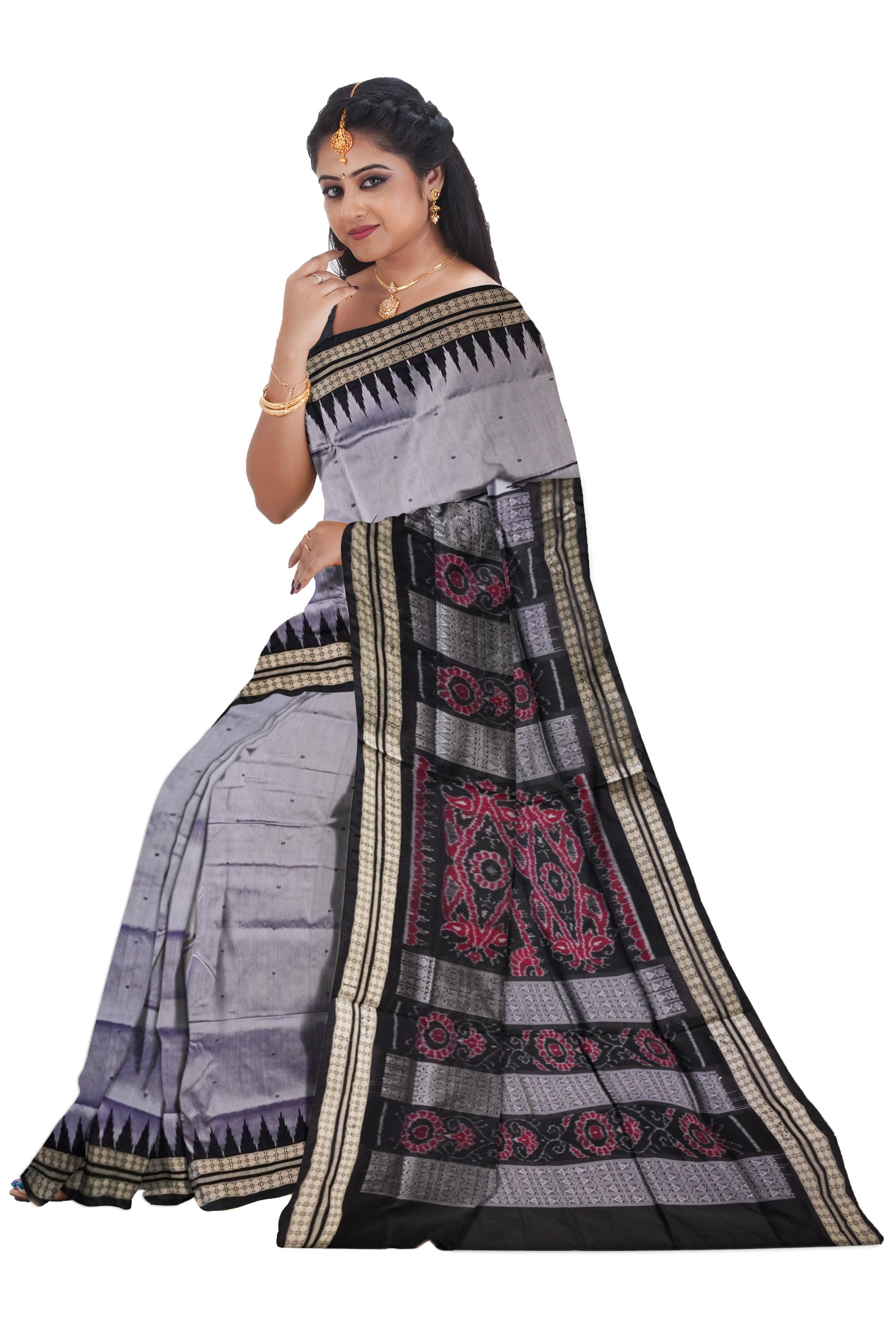Small booty pattern plain pata saree in silver and black color. - Koshali Arts & Crafts Enterprise