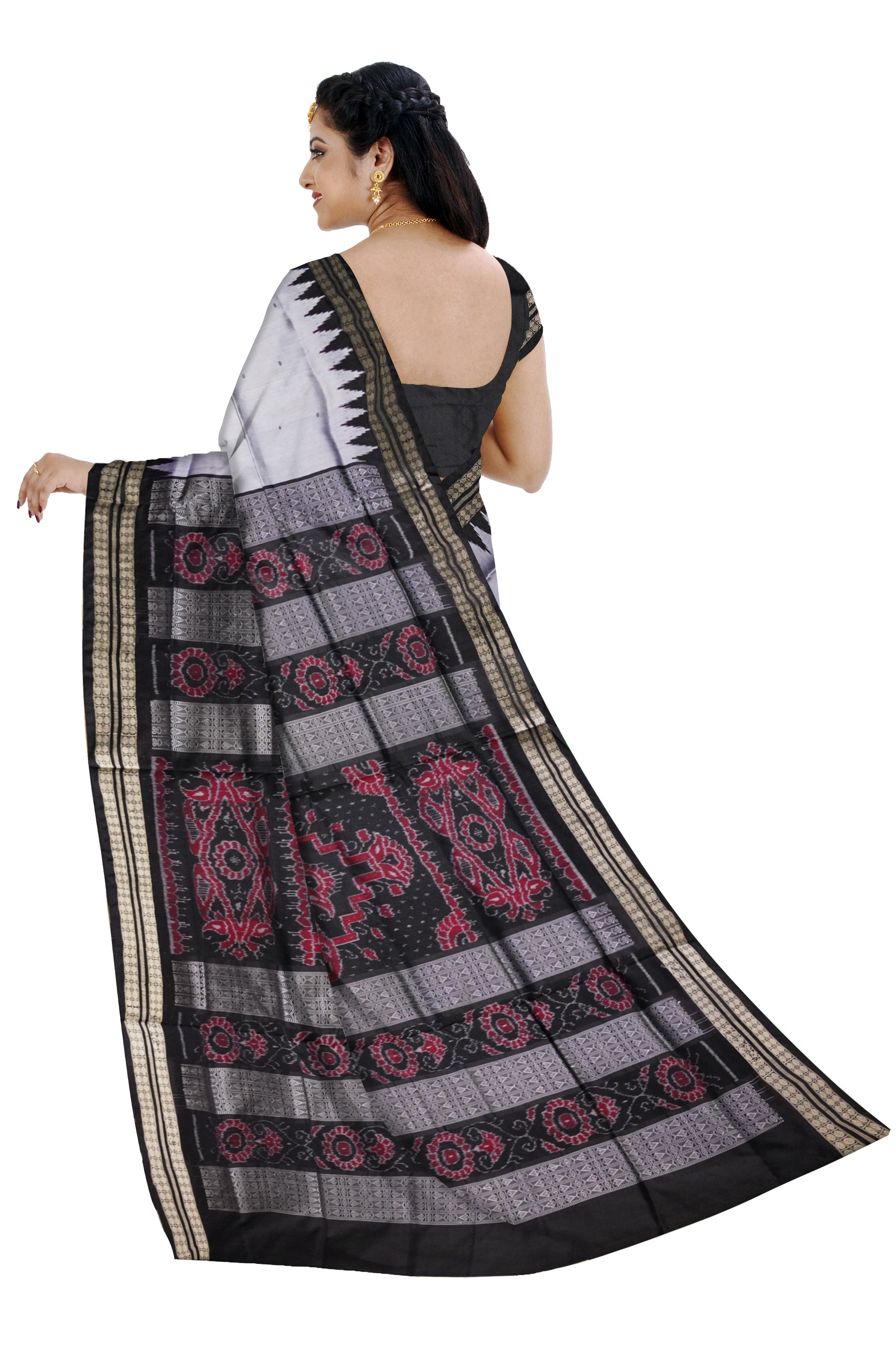 Small booty pattern plain pata saree in silver and black color. - Koshali Arts & Crafts Enterprise