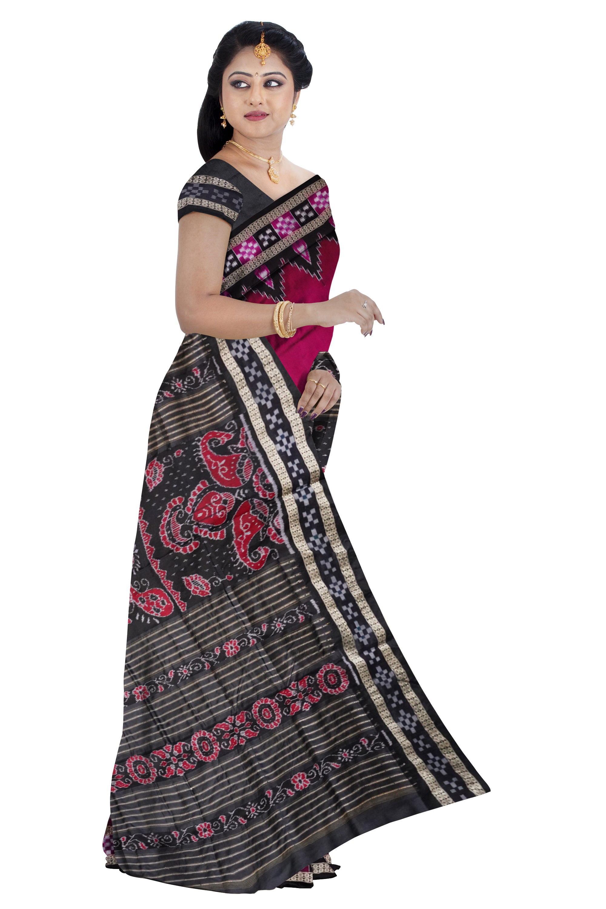 Pink and black color dhadi pasapali sambalpuri pata saree. - Koshali Arts & Crafts Enterprise