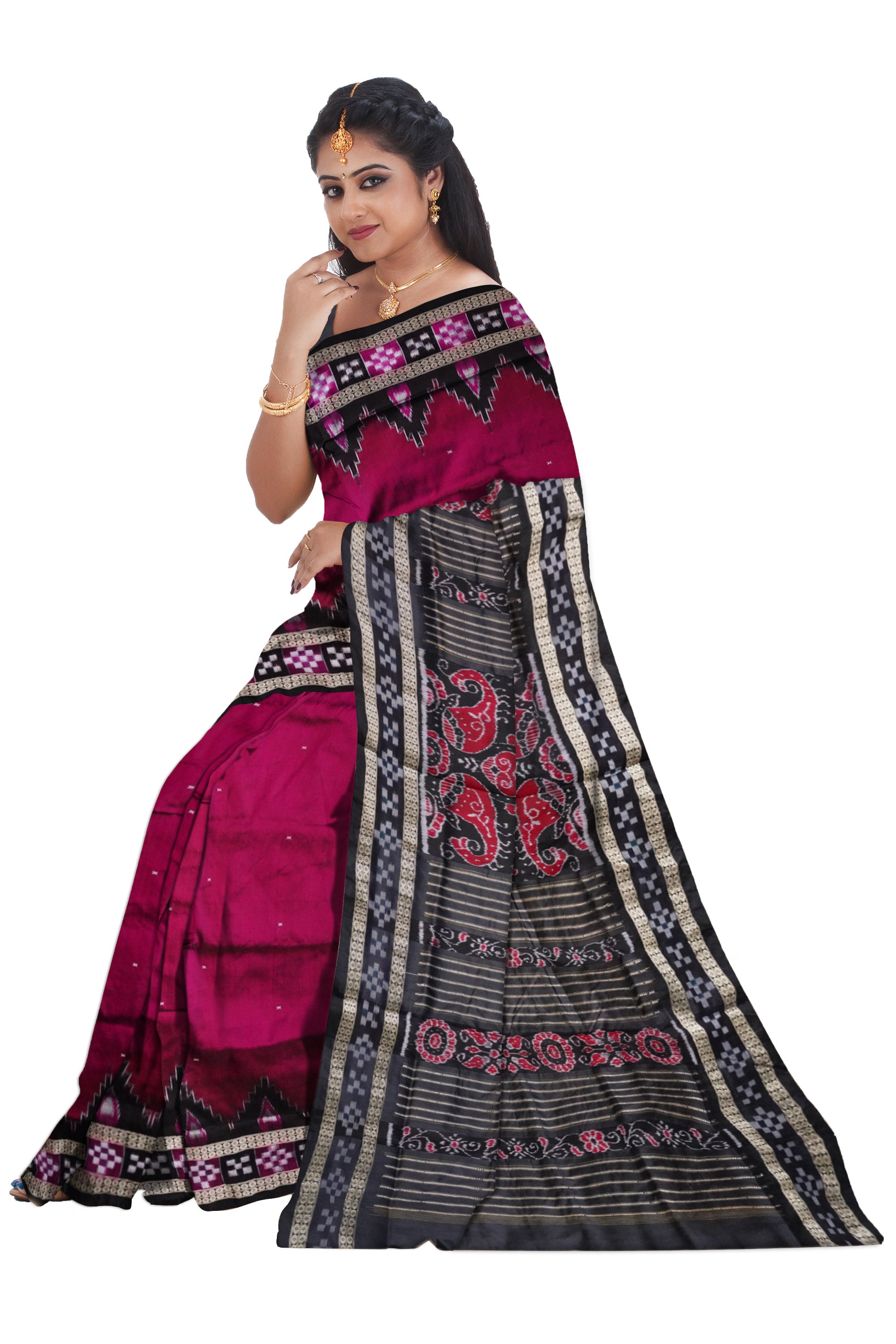 Pink and black color dhadi pasapali sambalpuri pata saree. - Koshali Arts & Crafts Enterprise