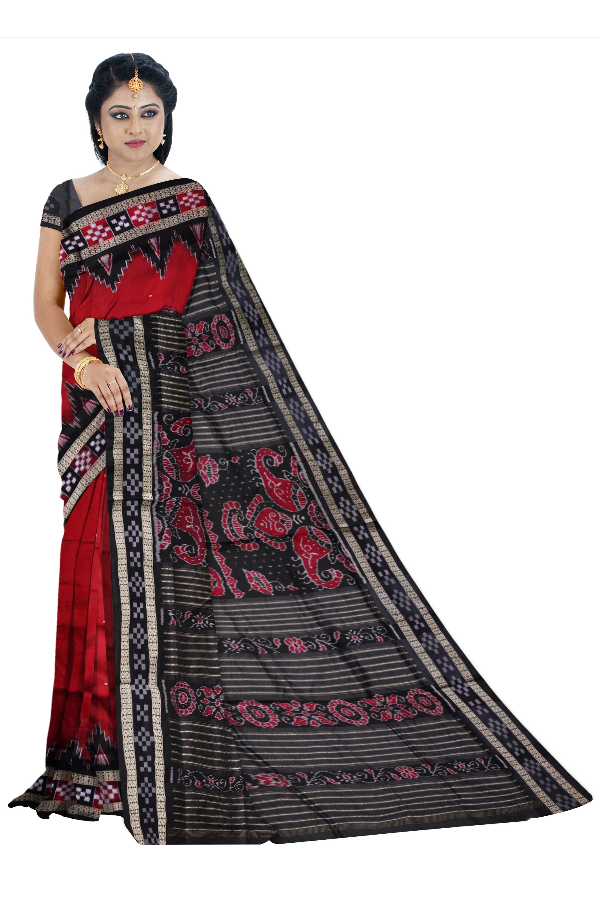 Maroon and Black dhadi Pasapali Sambalpuri pata saree with a unique border design. - Koshali Arts & Crafts Enterprise