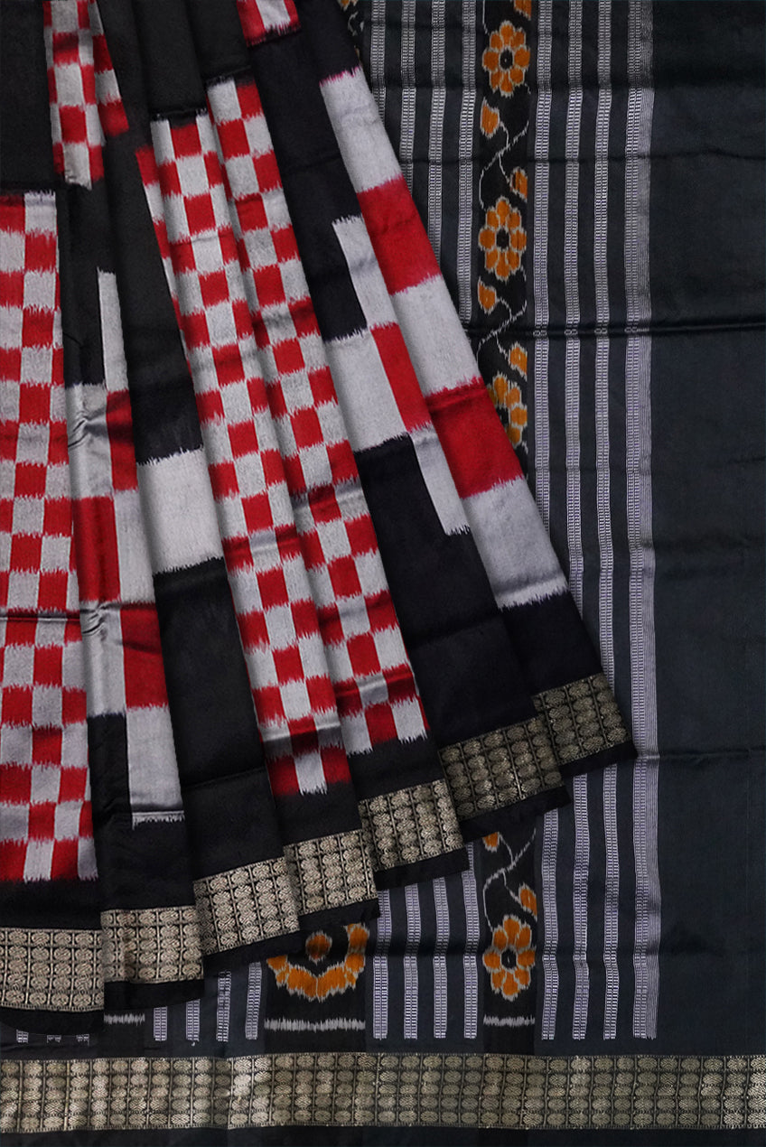 Big pattern pasapali sambalpuri pata saree with Black,Silver & Red color . - Koshali Arts & Crafts Enterprise