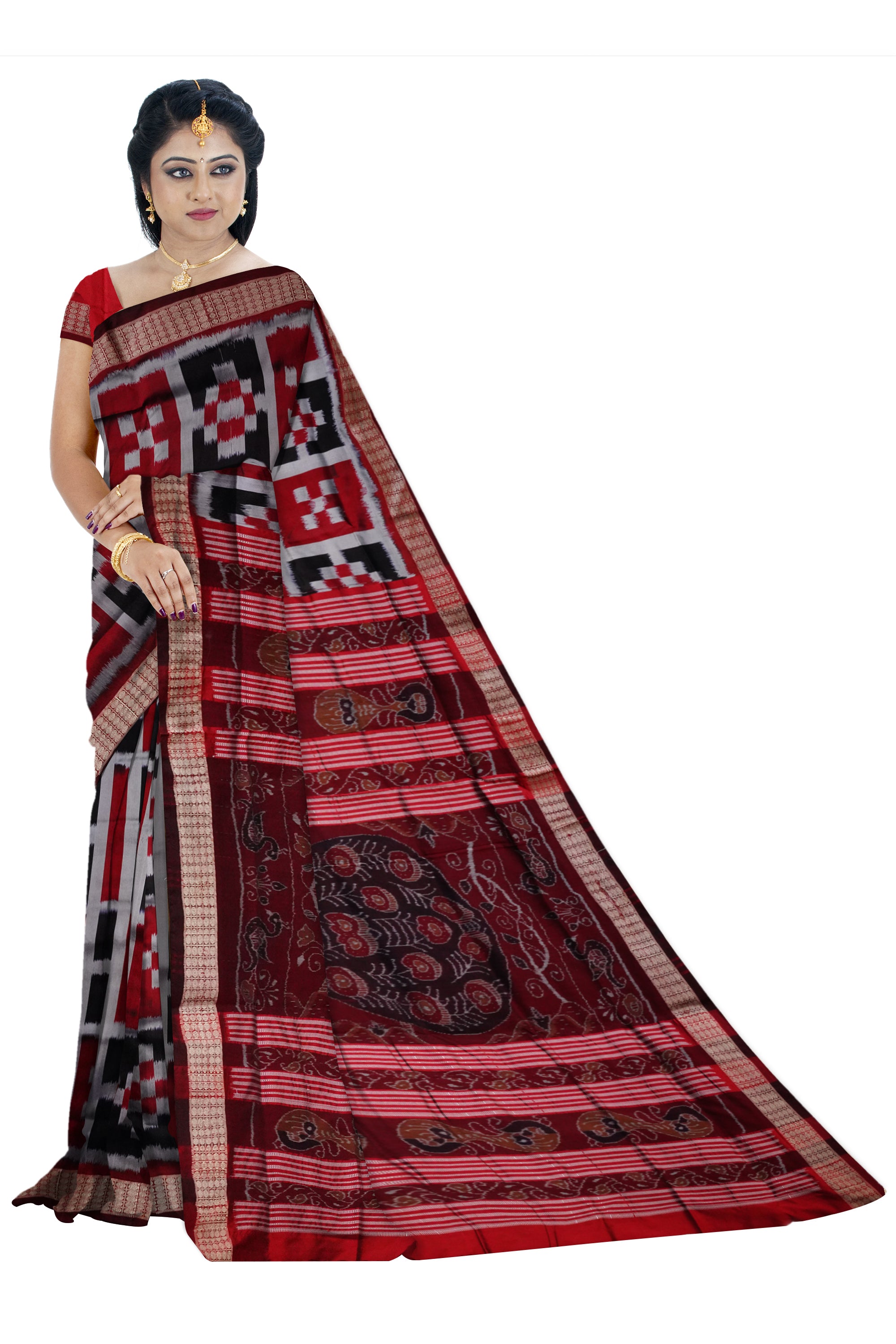 Full body pasapali pattern in Maroon,Silver & black colour Sambalpuri pata saree. - Koshali Arts & Crafts Enterprise