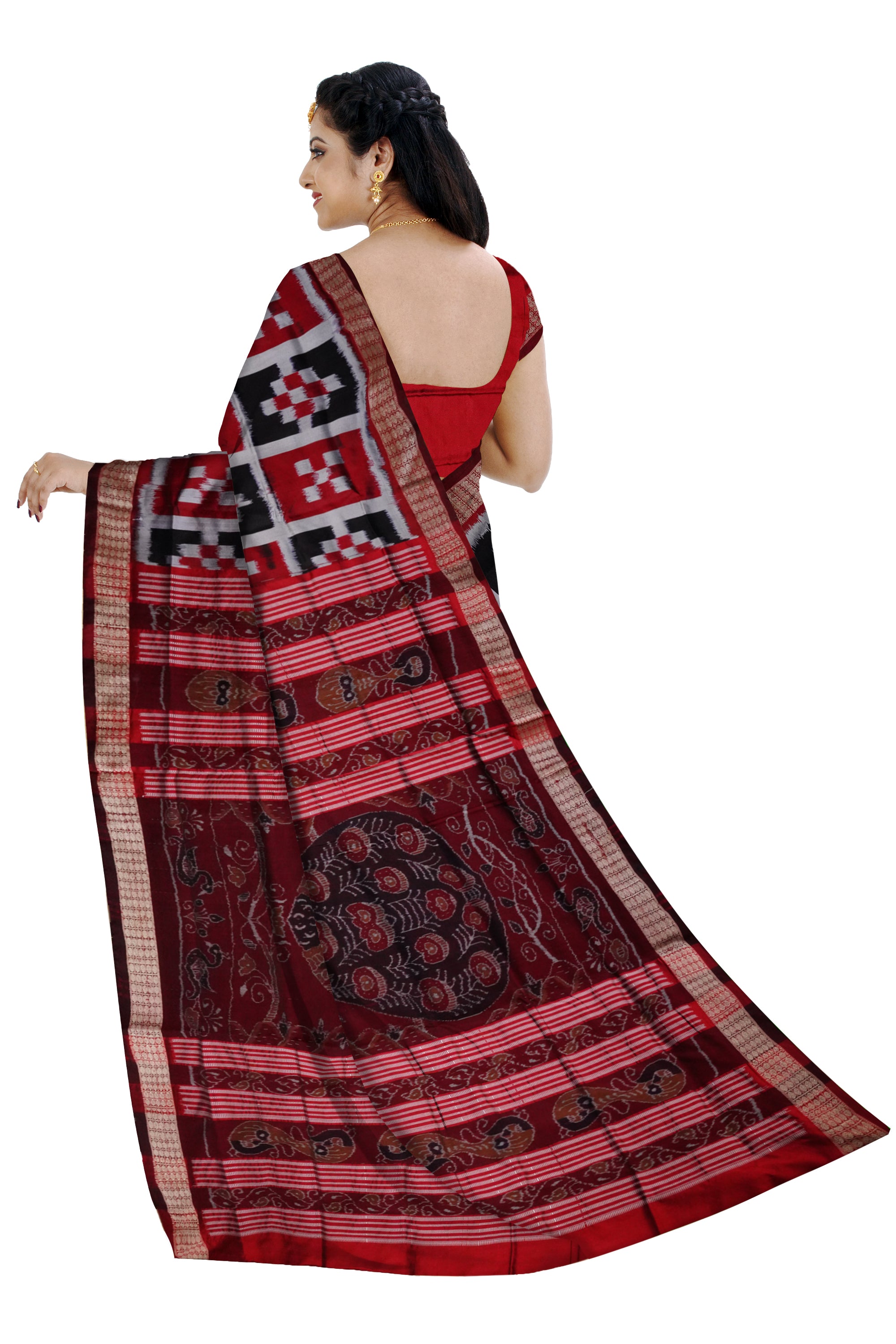 Full body pasapali pattern in Maroon,Silver & black colour Sambalpuri pata saree. - Koshali Arts & Crafts Enterprise