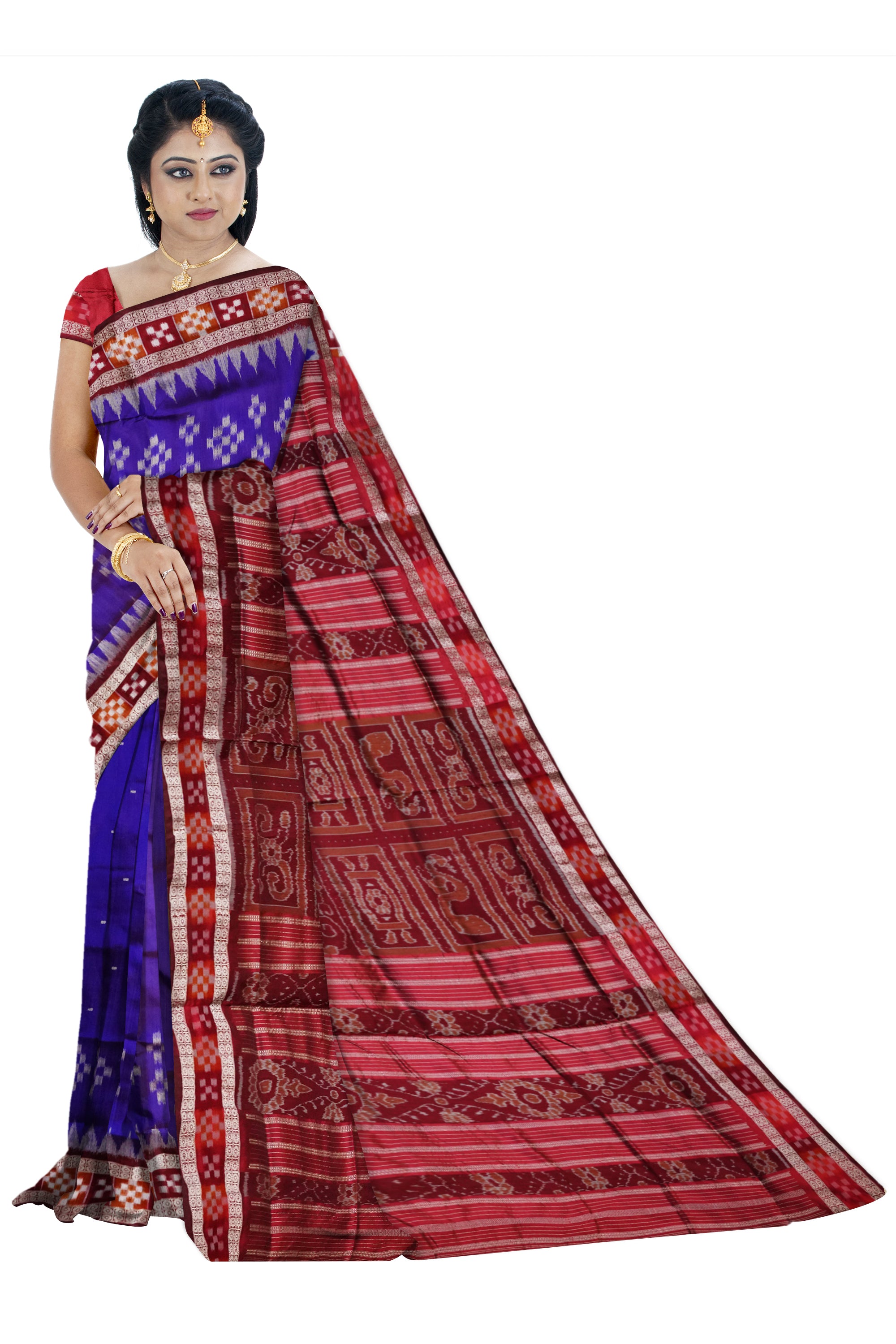 Royal Blue and Maroon colour dhadi pasapali pattern pata saree. - Koshali Arts & Crafts Enterprise
