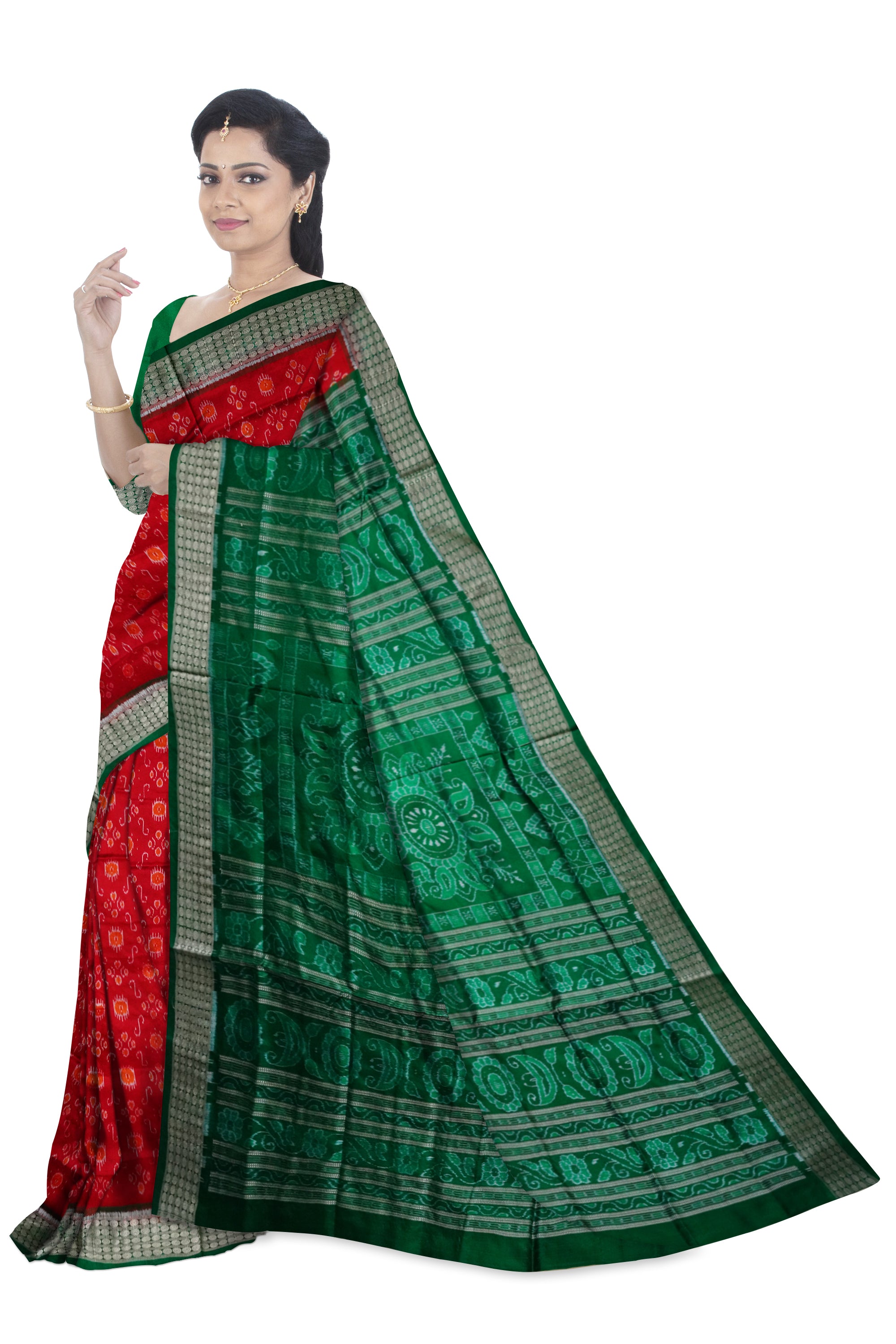 Full body bandha work Sambalpuri Pata saree in Orange and Green color. - Koshali Arts & Crafts Enterprise