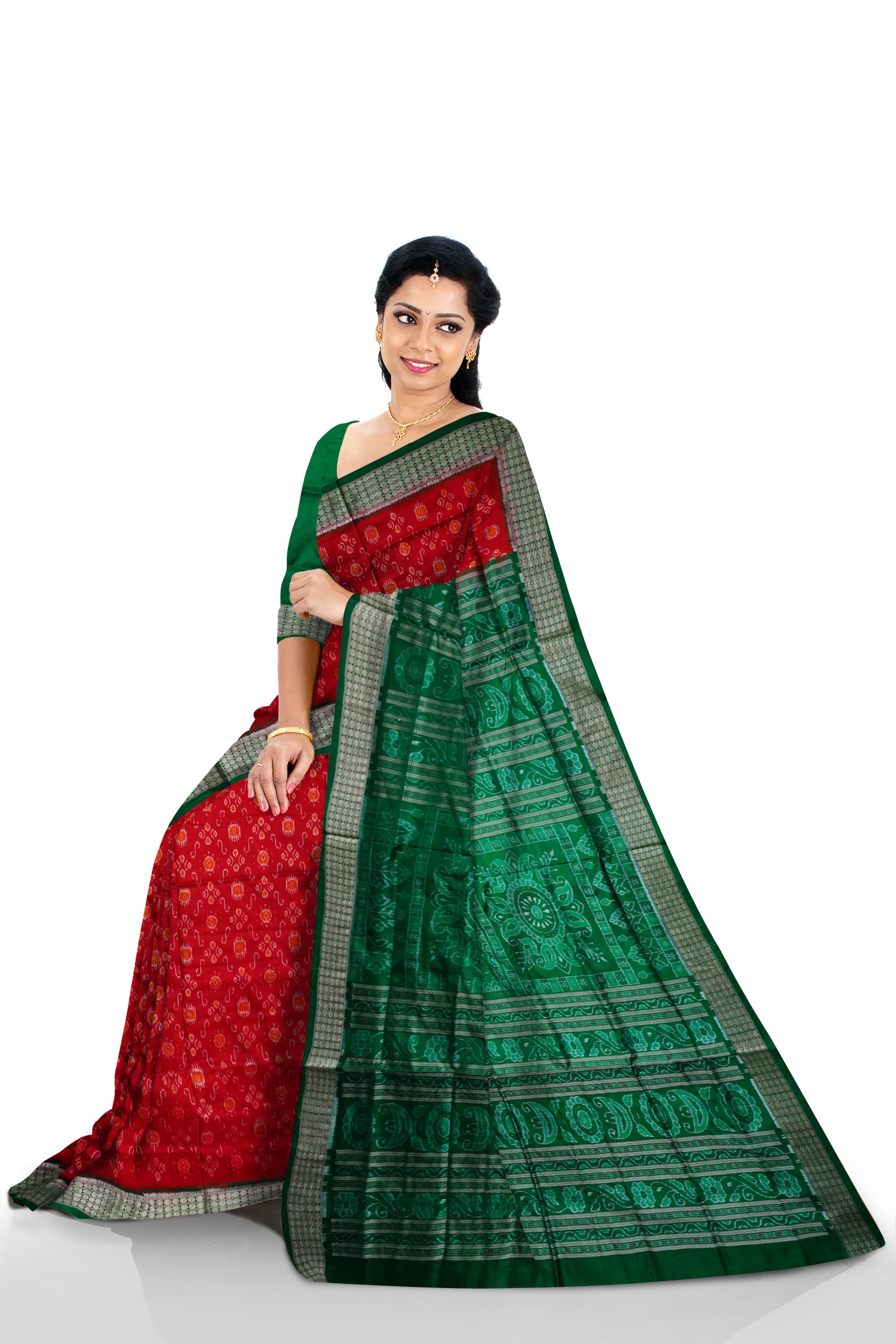 Full body bandha work Sambalpuri Pata saree in Orange and Green color. - Koshali Arts & Crafts Enterprise