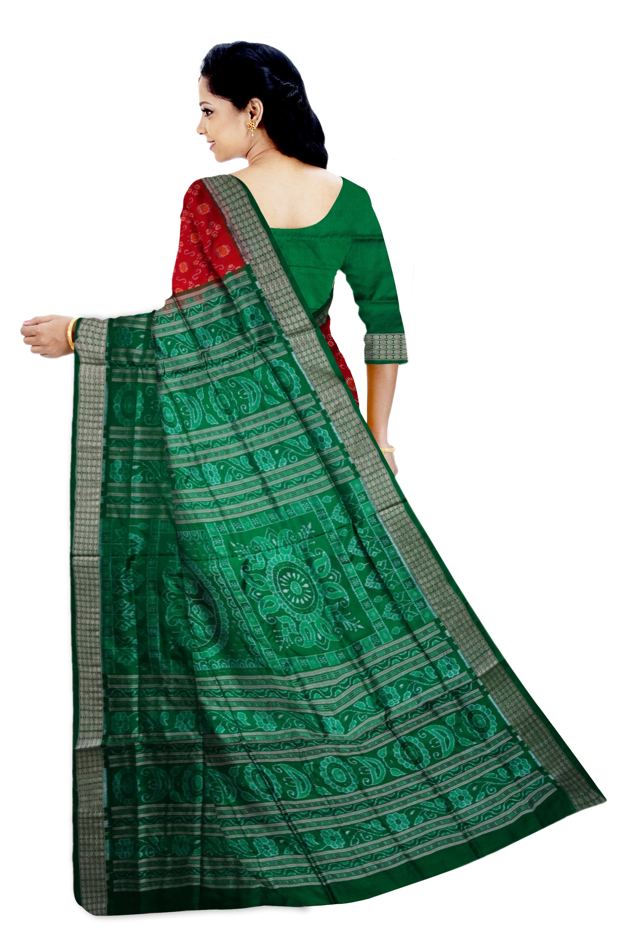 Full body bandha work Sambalpuri Pata saree in Orange and Green color. - Koshali Arts & Crafts Enterprise