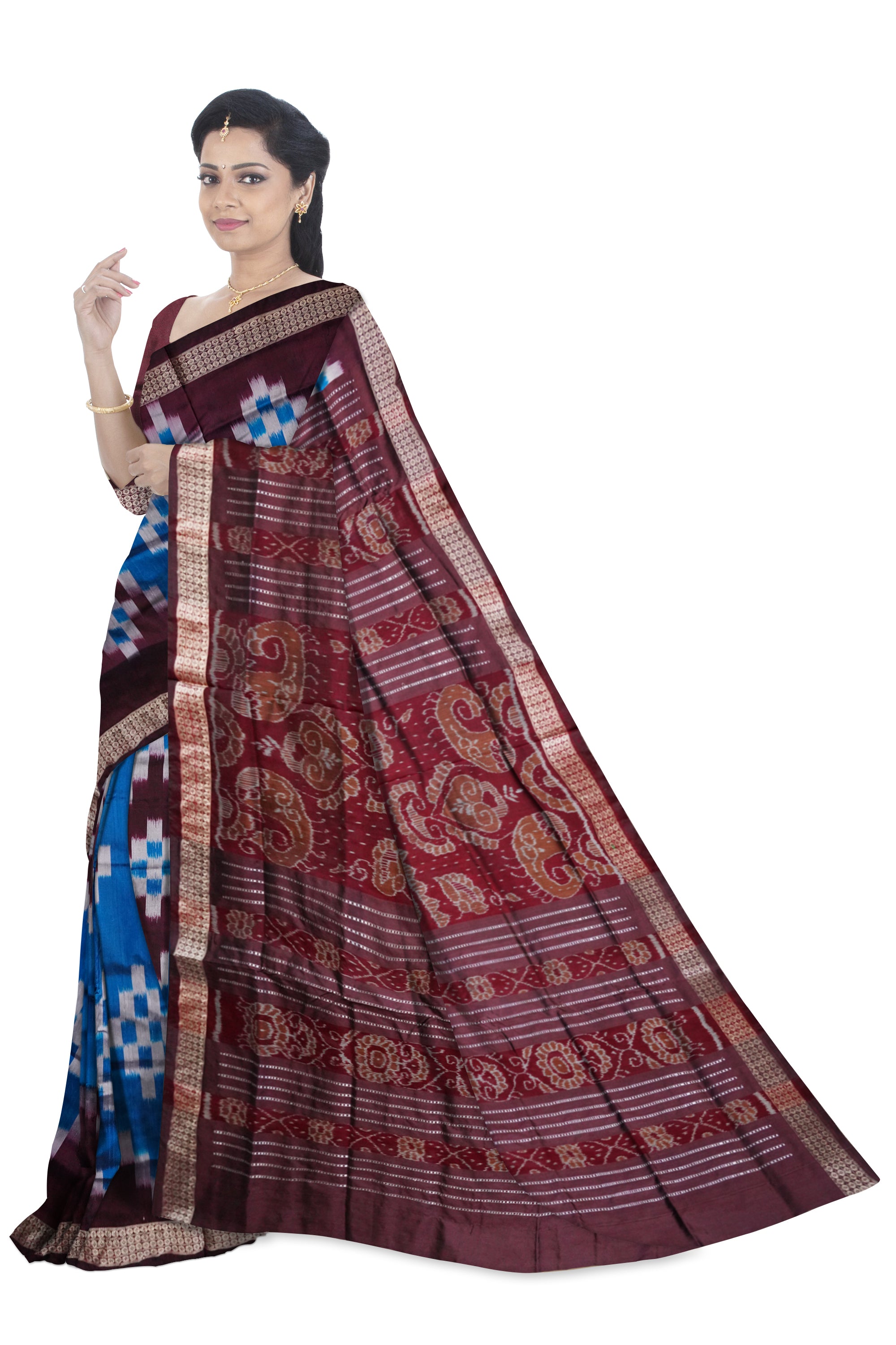 Full body Sapta pattern Sambalpuri pata saree in Blue & Coffee color. - Koshali Arts & Crafts Enterprise