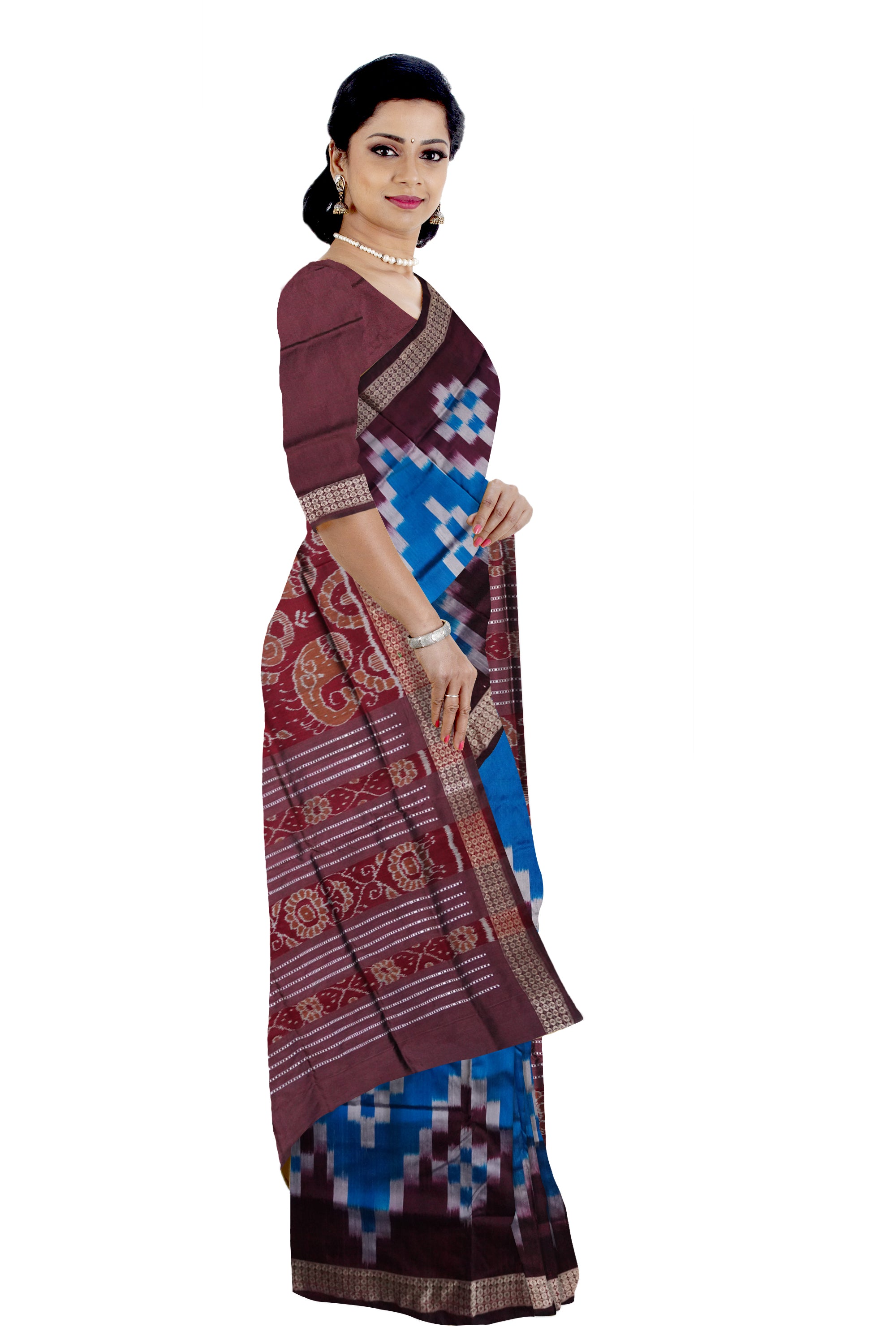Full body Sapta pattern Sambalpuri pata saree in Blue & Coffee color. - Koshali Arts & Crafts Enterprise