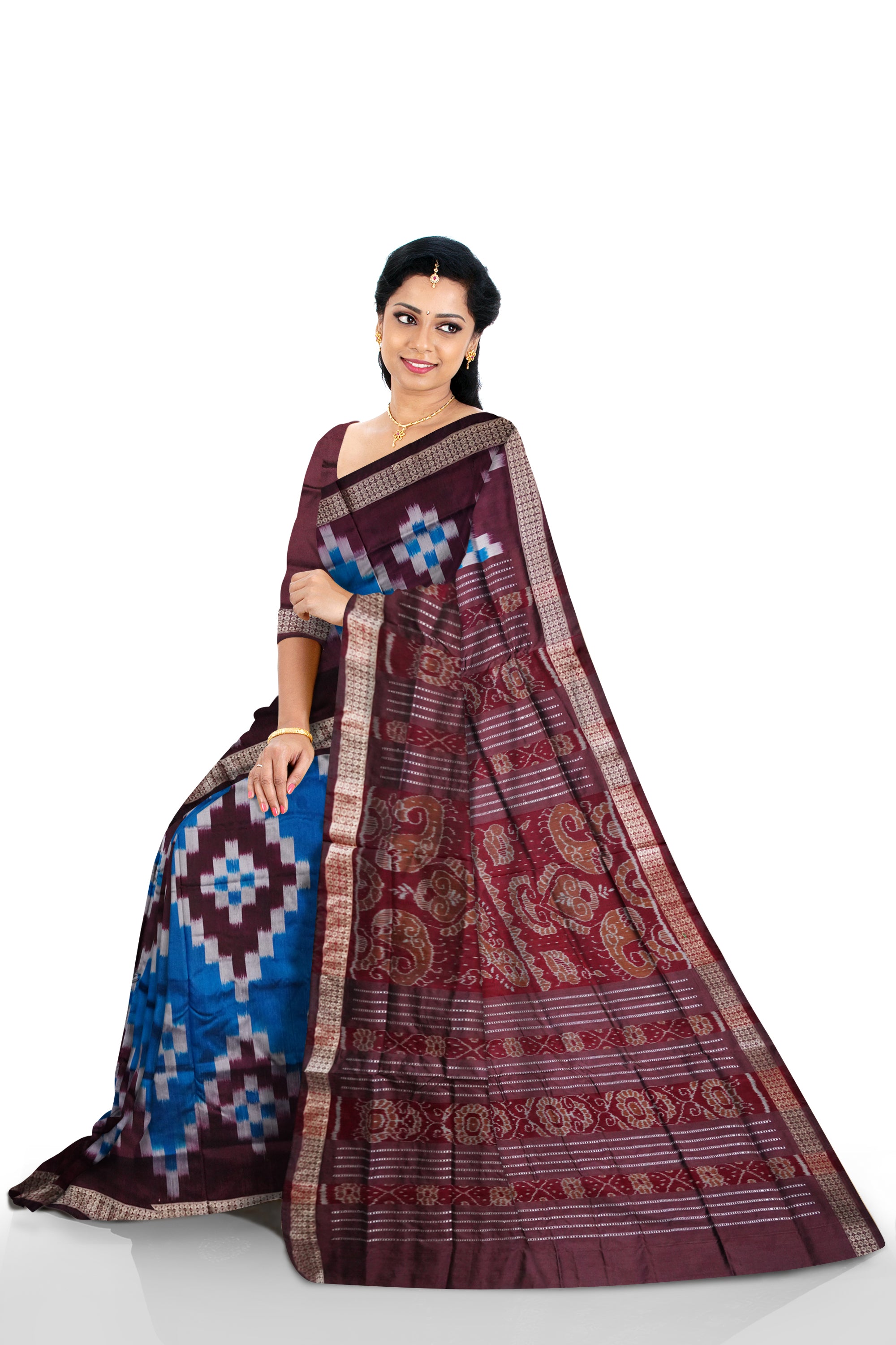 Full body Sapta pattern Sambalpuri pata saree in Blue & Coffee color. - Koshali Arts & Crafts Enterprise