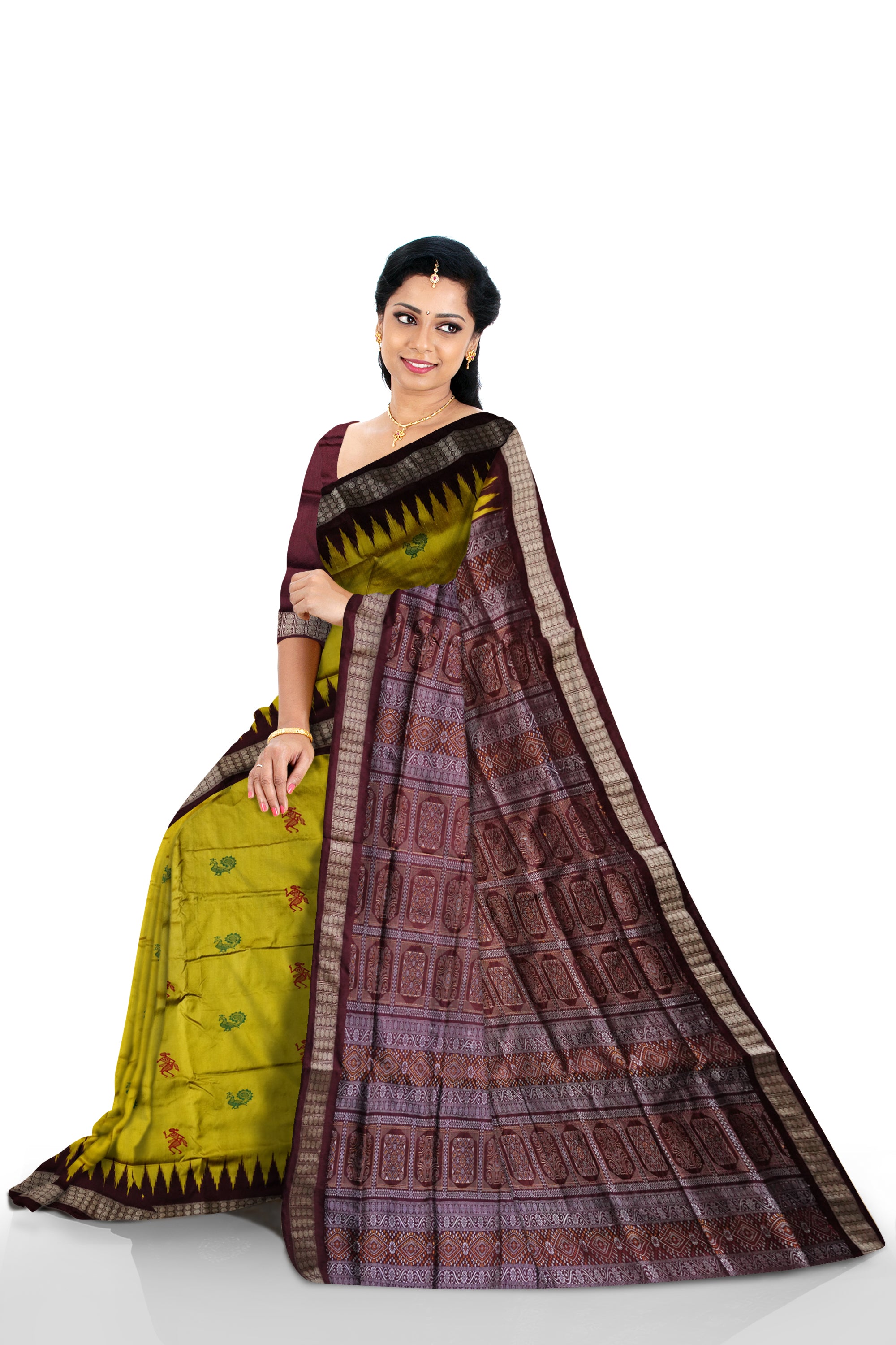 A plain bomkei pattern Sambalpuri pata saree in yellow and coffee color. - Koshali Arts & Crafts Enterprise