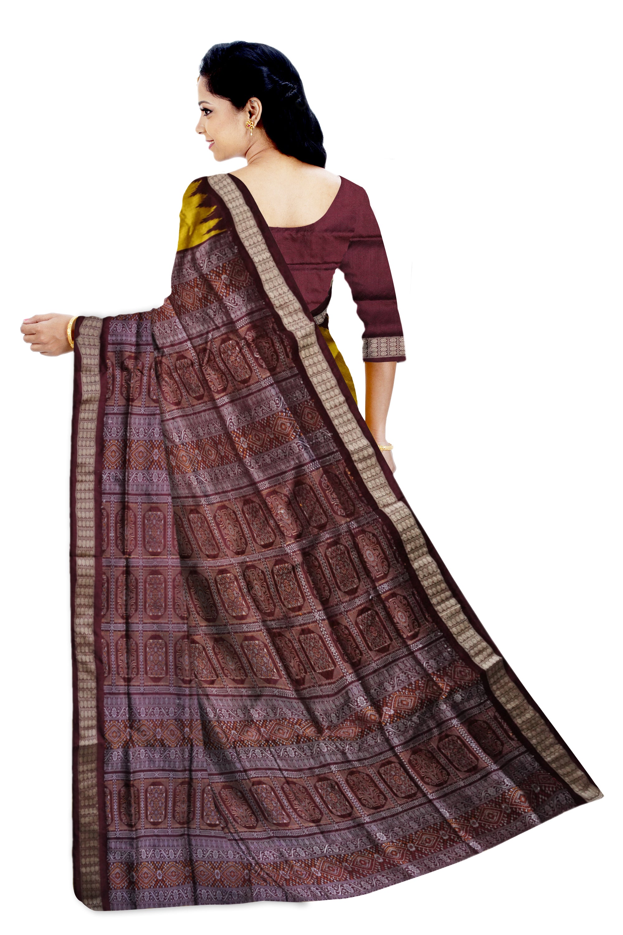 A plain bomkei pattern Sambalpuri pata saree in yellow and coffee color. - Koshali Arts & Crafts Enterprise