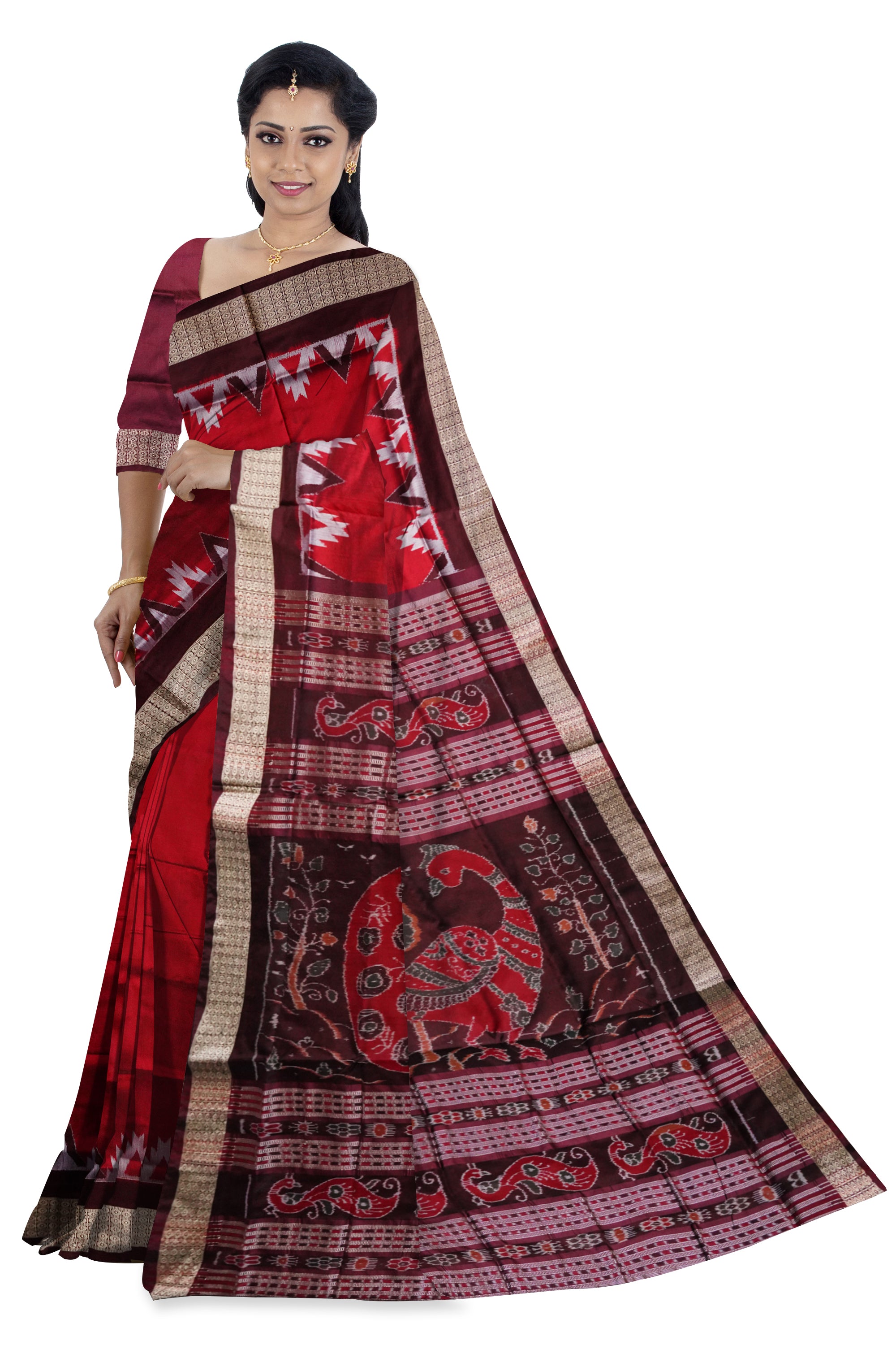 Maroon and Coffee colour small kargil work plain pata saree. - Koshali Arts & Crafts Enterprise