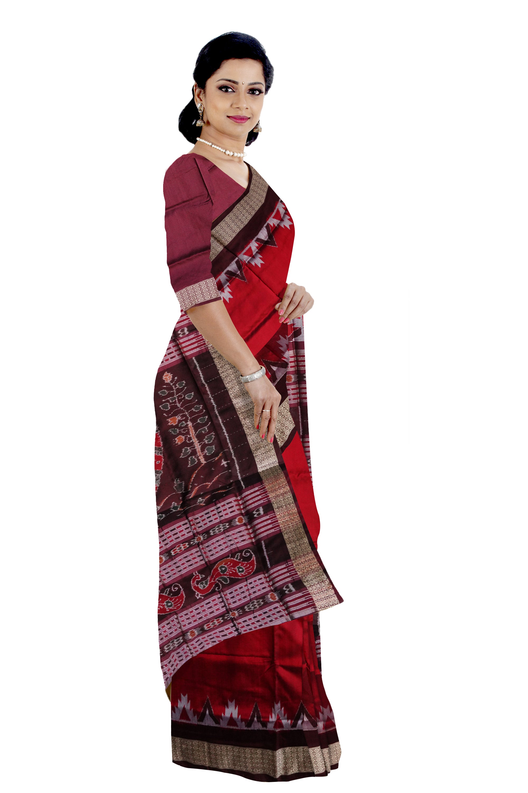 Maroon and Coffee colour small kargil work plain pata saree. - Koshali Arts & Crafts Enterprise