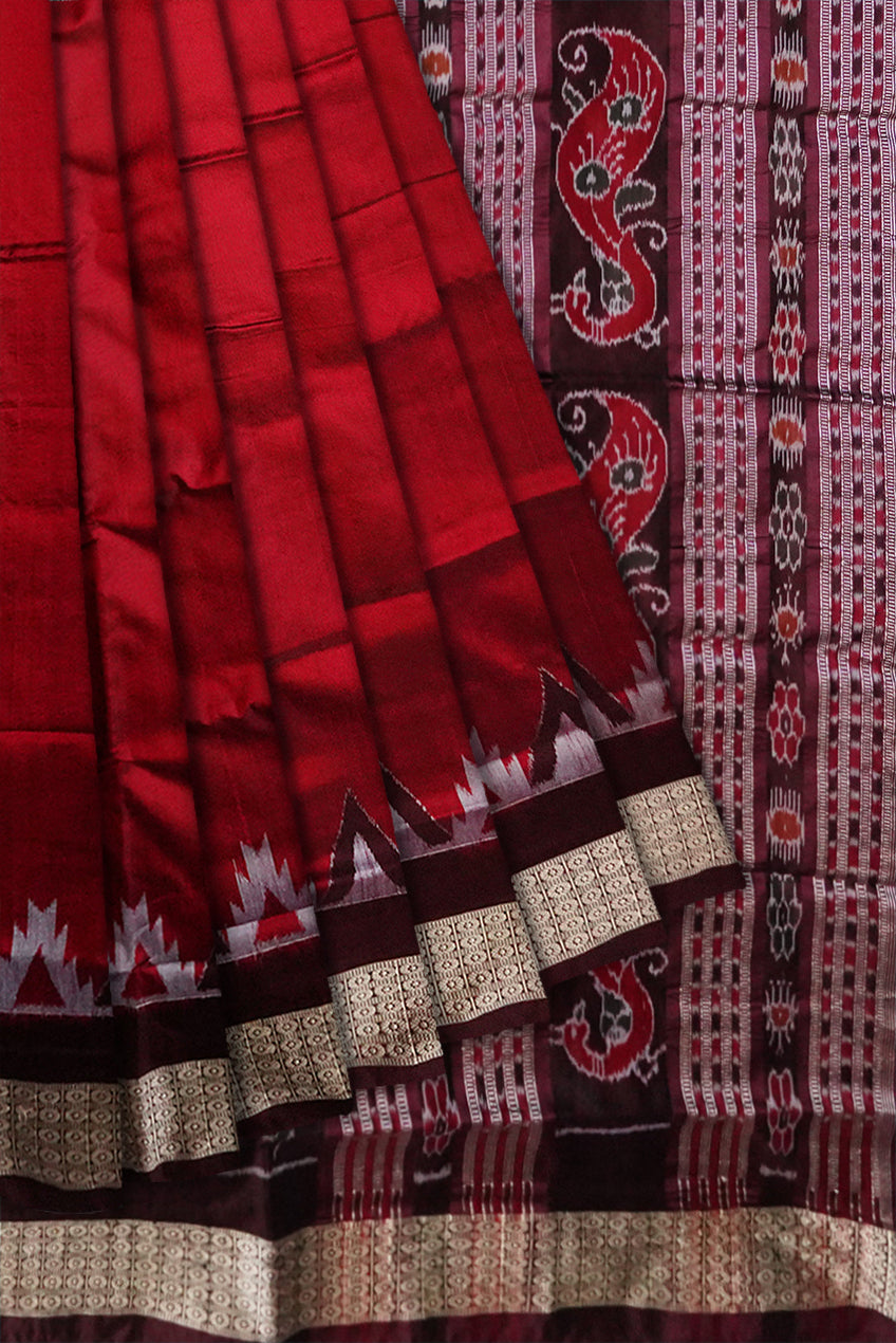 Maroon and Coffee colour small kargil work plain pata saree. - Koshali Arts & Crafts Enterprise