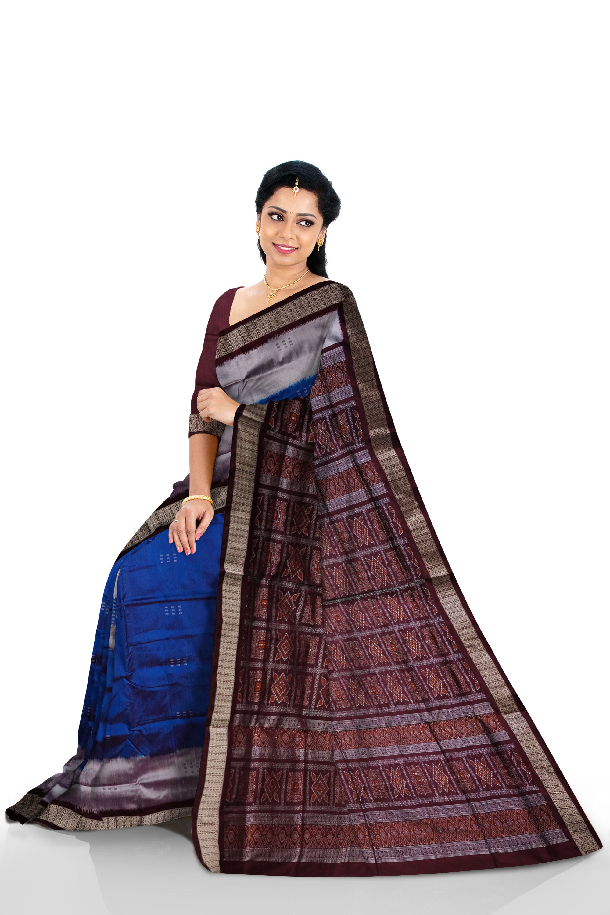 A big pasapali work in body bomkei pata saree in Sky, Silver and coffee color. - Koshali Arts & Crafts Enterprise