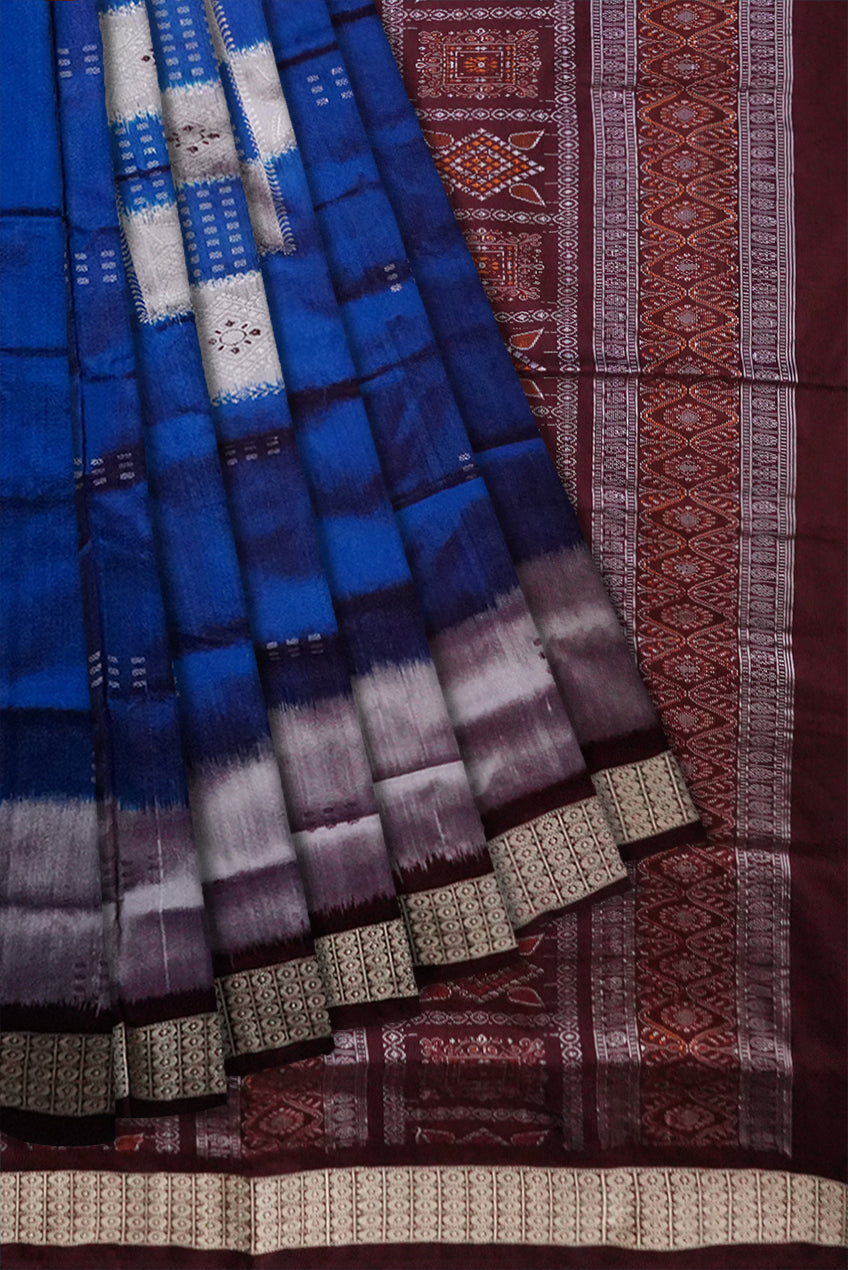 A big pasapali work in body bomkei pata saree in Sky, Silver and coffee color. - Koshali Arts & Crafts Enterprise