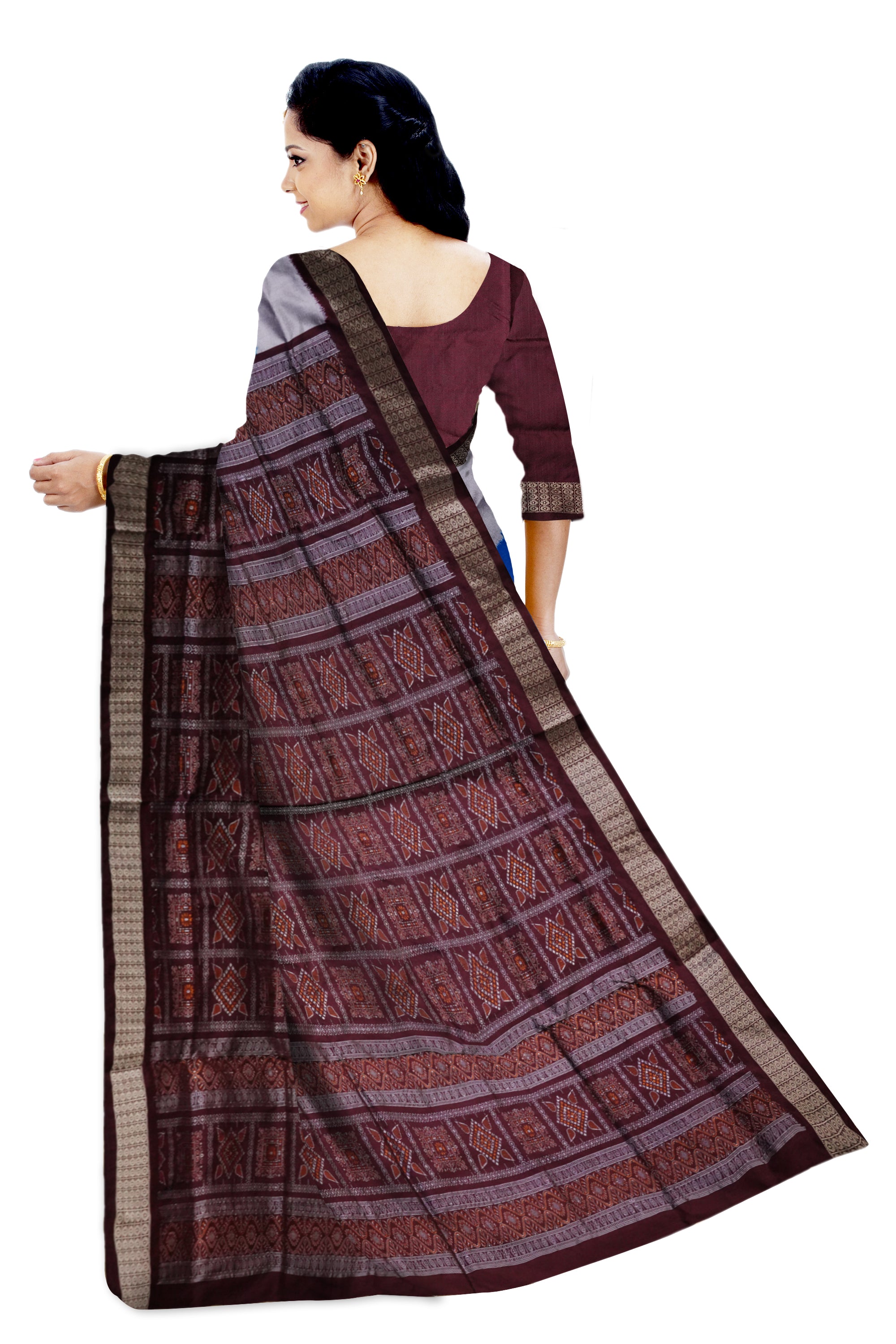A big pasapali work in body bomkei pata saree in Sky, Silver and coffee color. - Koshali Arts & Crafts Enterprise
