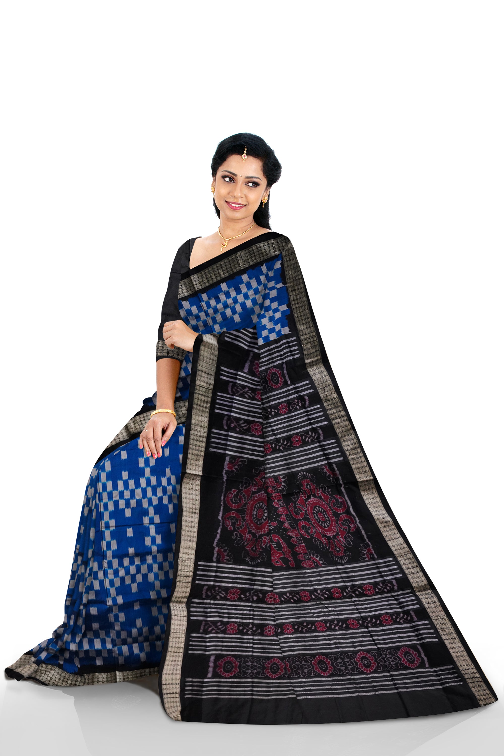 Full body pasapali pattern sambalpuri pata saree in Sky and Black colour. - Koshali Arts & Crafts Enterprise