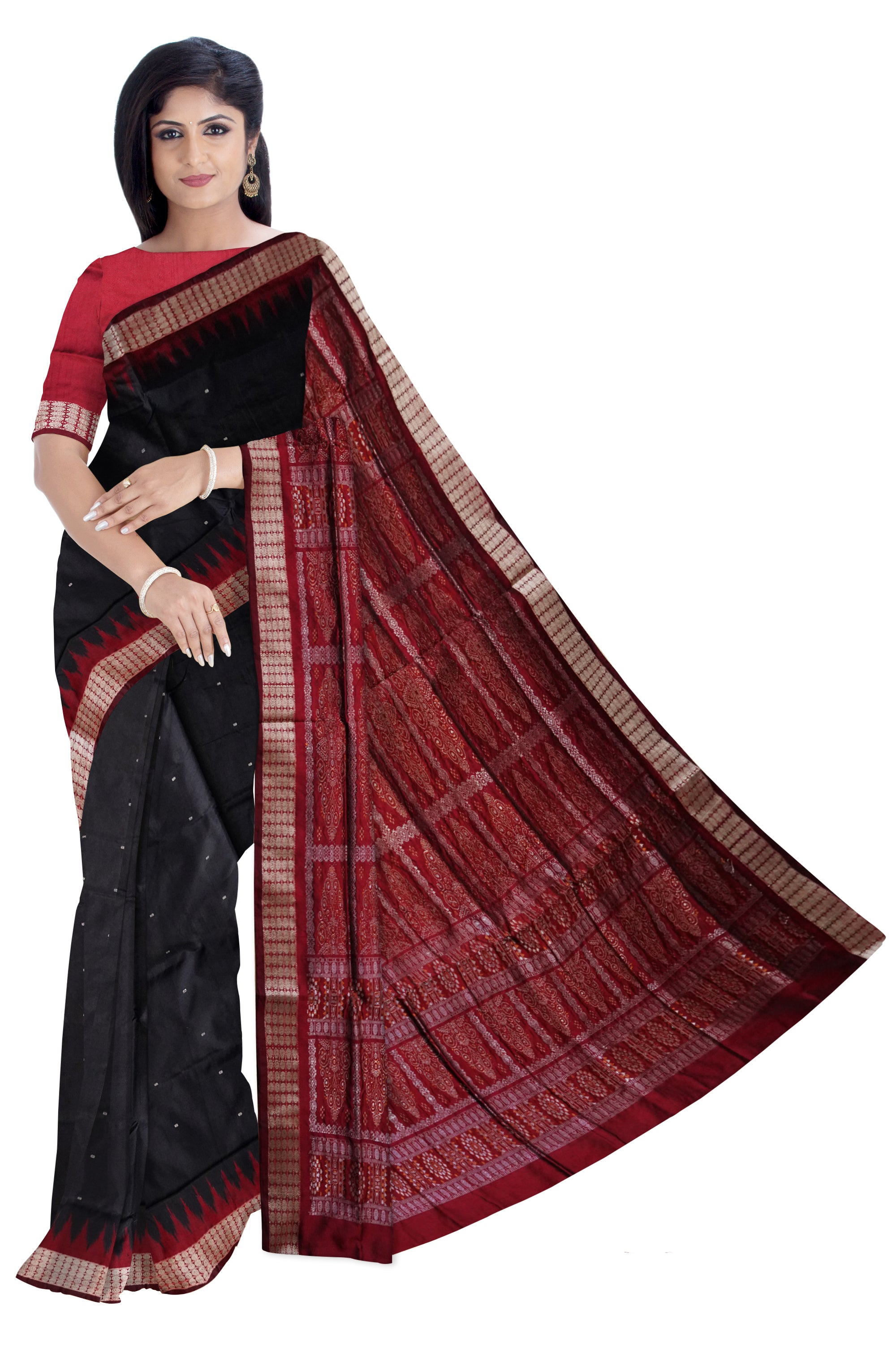 Black and Maroon color Plain sambalpuri bomkei pata saree. - Koshali Arts & Crafts Enterprise