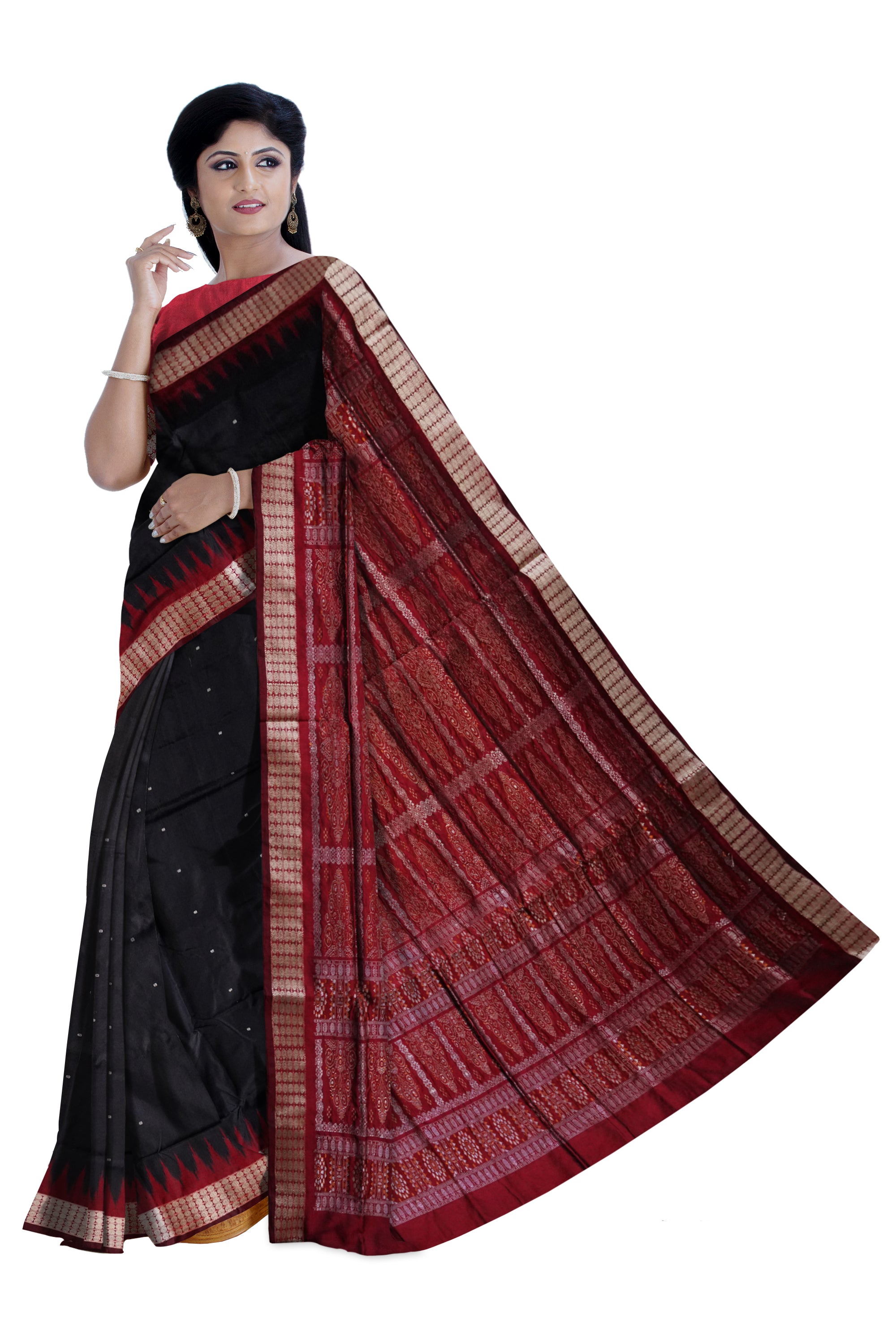 Black and Maroon color Plain sambalpuri bomkei pata saree. - Koshali Arts & Crafts Enterprise