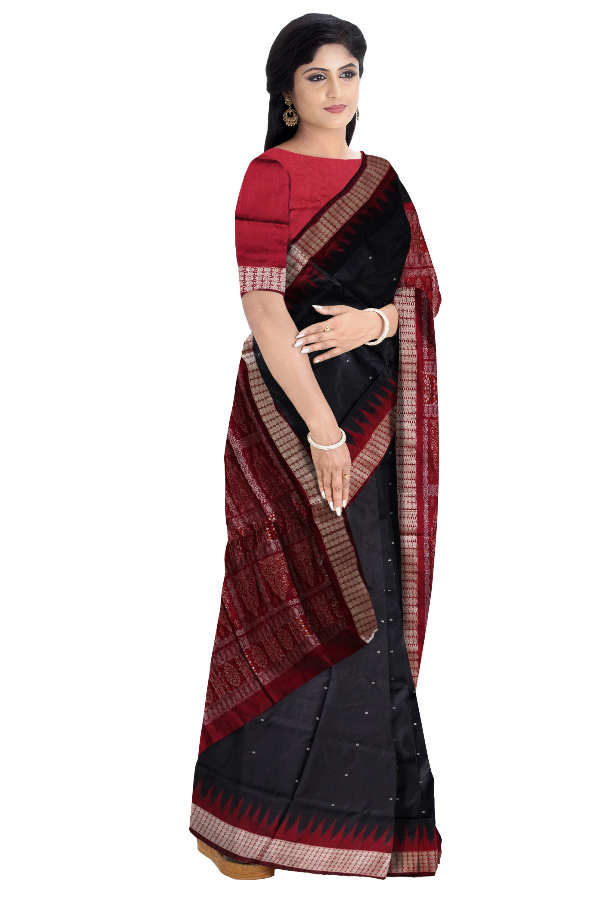 Black and Maroon color Plain sambalpuri bomkei pata saree. - Koshali Arts & Crafts Enterprise