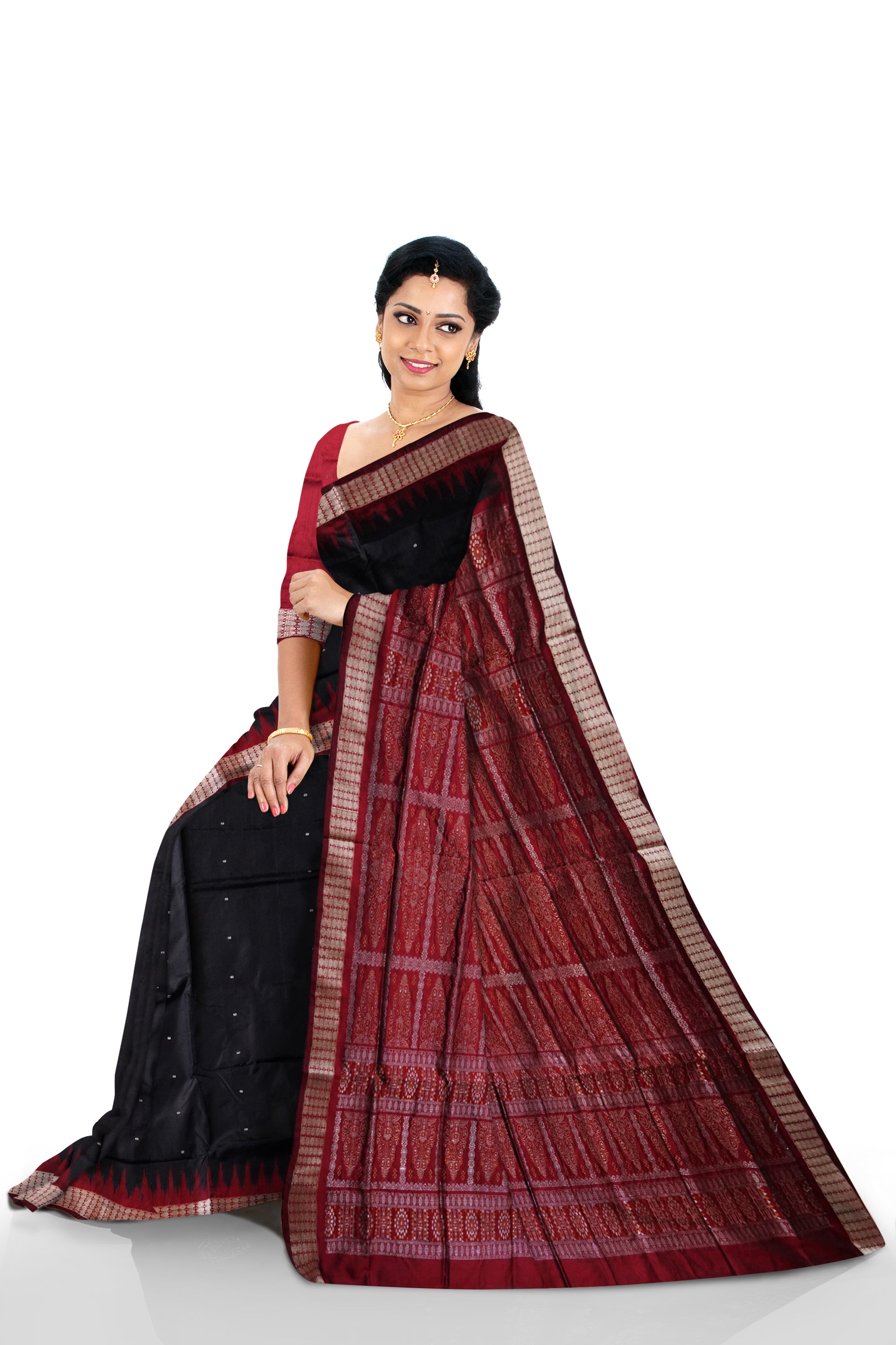 Black and Maroon color Plain sambalpuri bomkei pata saree. - Koshali Arts & Crafts Enterprise