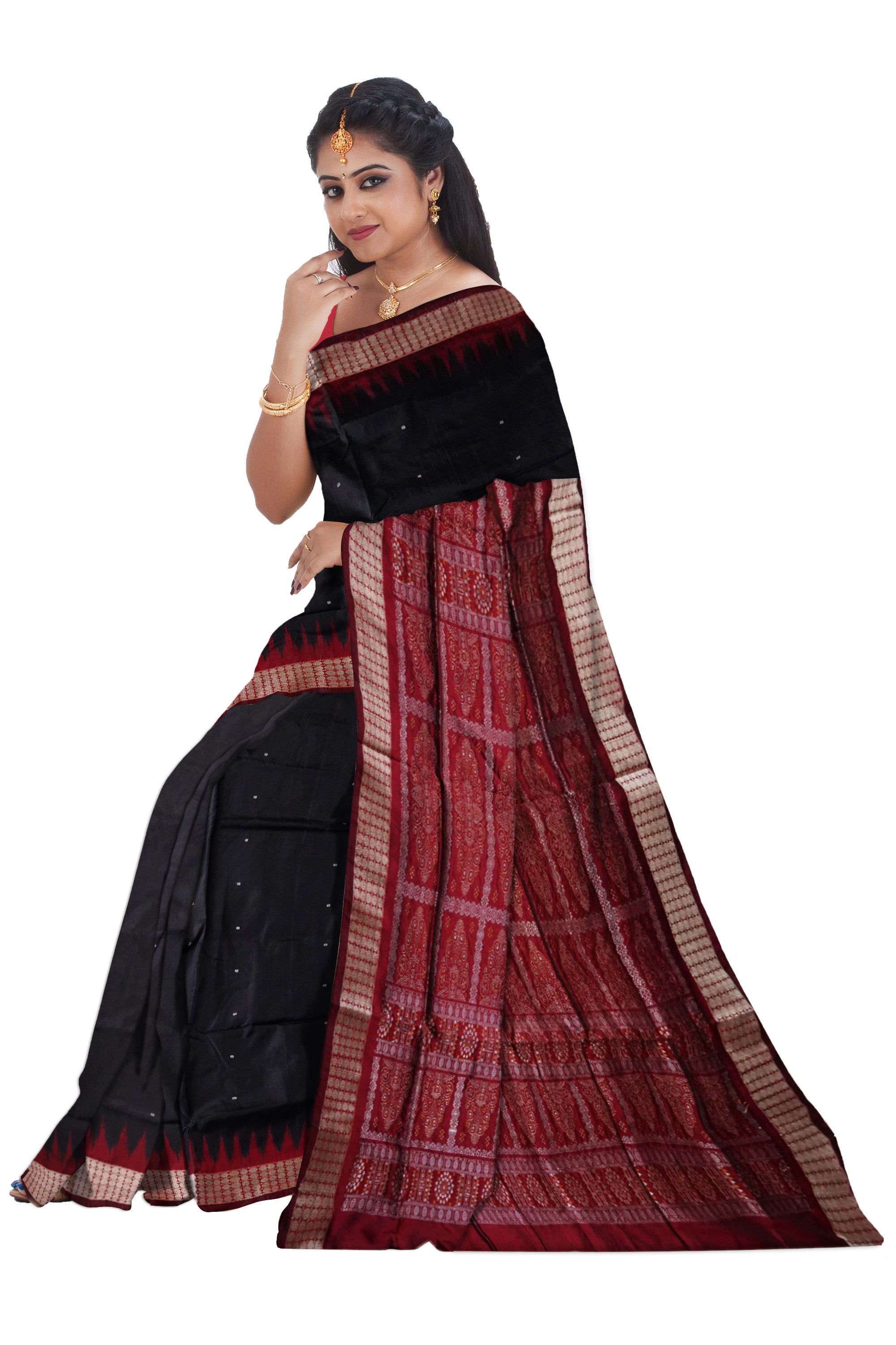 Black and Maroon color Plain sambalpuri bomkei pata saree. - Koshali Arts & Crafts Enterprise