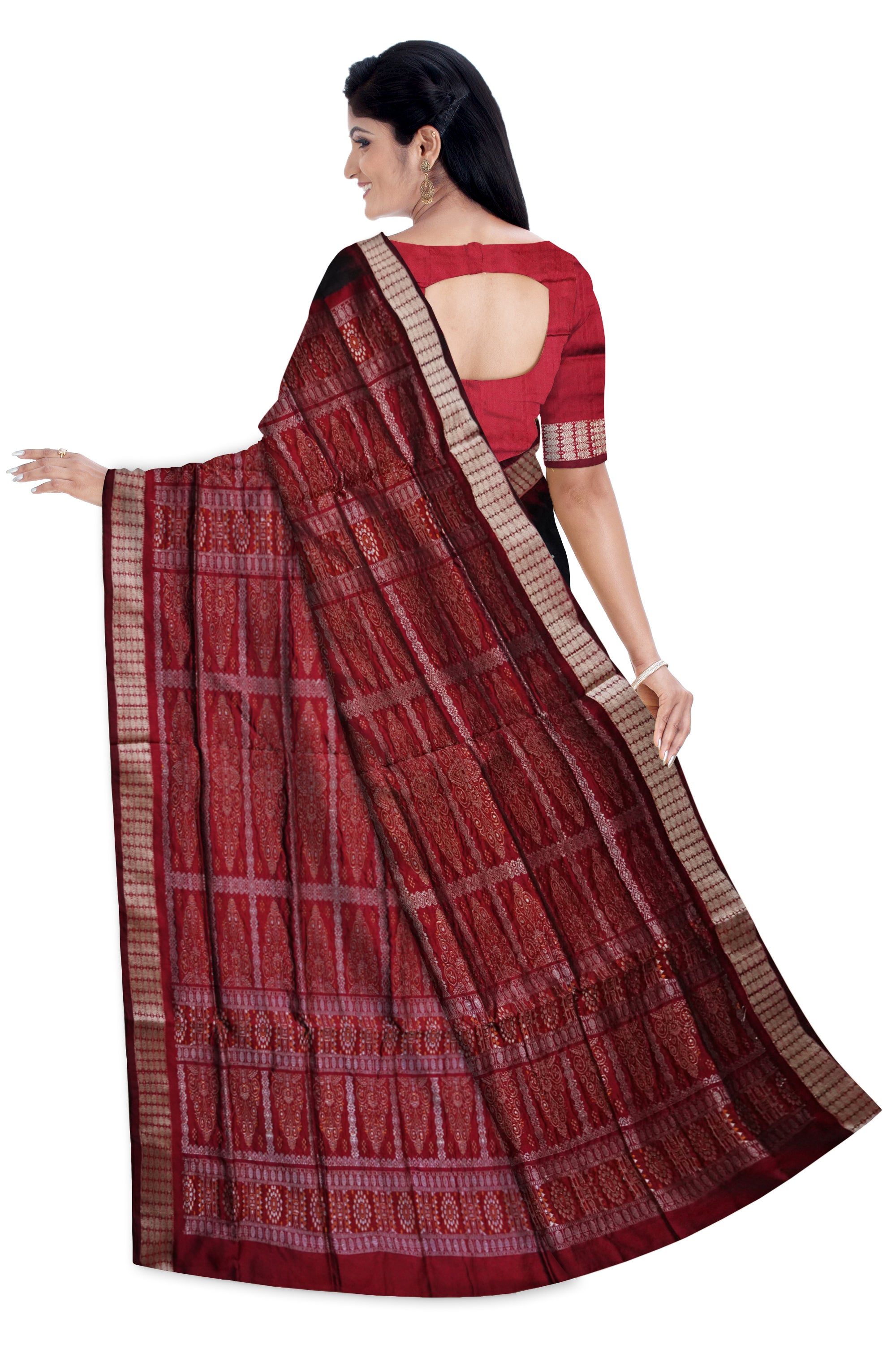Black and Maroon color Plain sambalpuri bomkei pata saree. - Koshali Arts & Crafts Enterprise